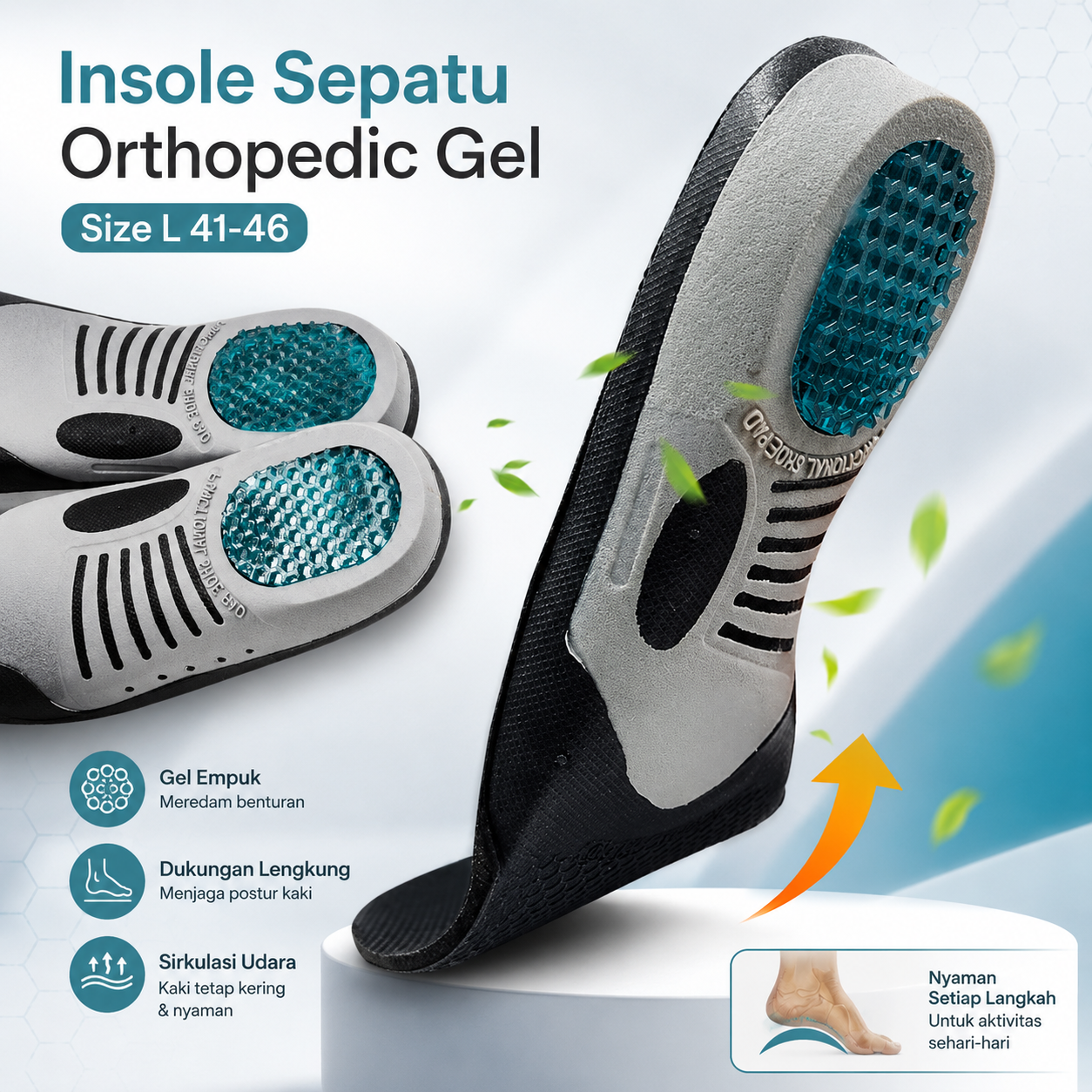 Gambar produk EiD Insole Sepatu Orthopedic Shock Absorb Breathable EVA Foam L 41-46 - ZYD18 - Utama