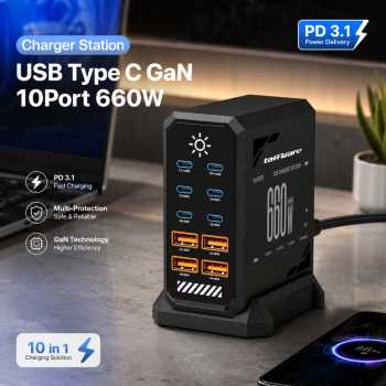 Taffware Charger Station Fast Charge Touch USB Type C GaN 10Port 660W - HW18