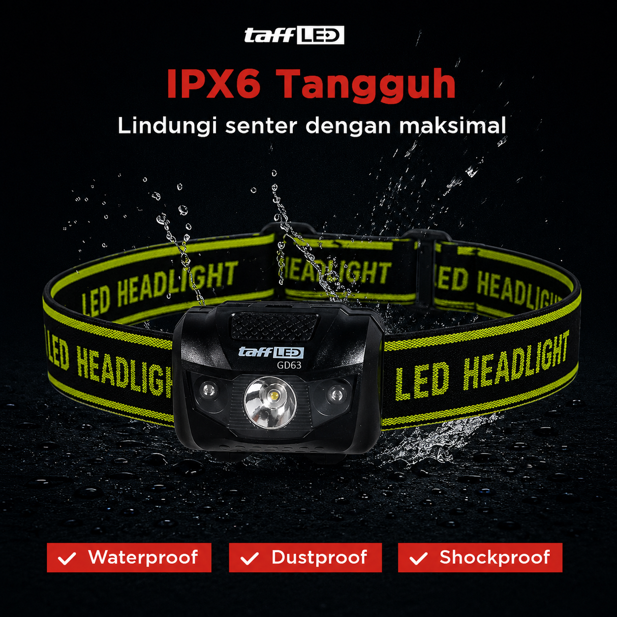 TaffLED Headlamp LED Outdoor Multifunction 3W Triple LED IPX6 - GD63 Gambar produk TaffLED Headlamp LED Outdoor Multifunction 3W Triple LED IPX6 - GD63 - 5