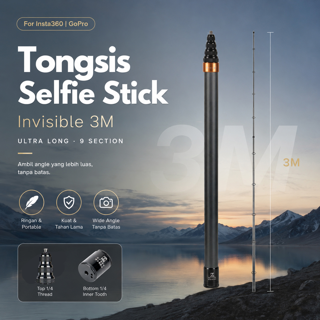 SZKOSTON Tongsis Insta360 GoPro Ultra Long Invisible Selfie Stick 3M - TY930 Gambar produk SZKOSTON Tongsis Insta360 GoPro Ultra Long Invisible Selfie Stick 3M - TY930 - Utama