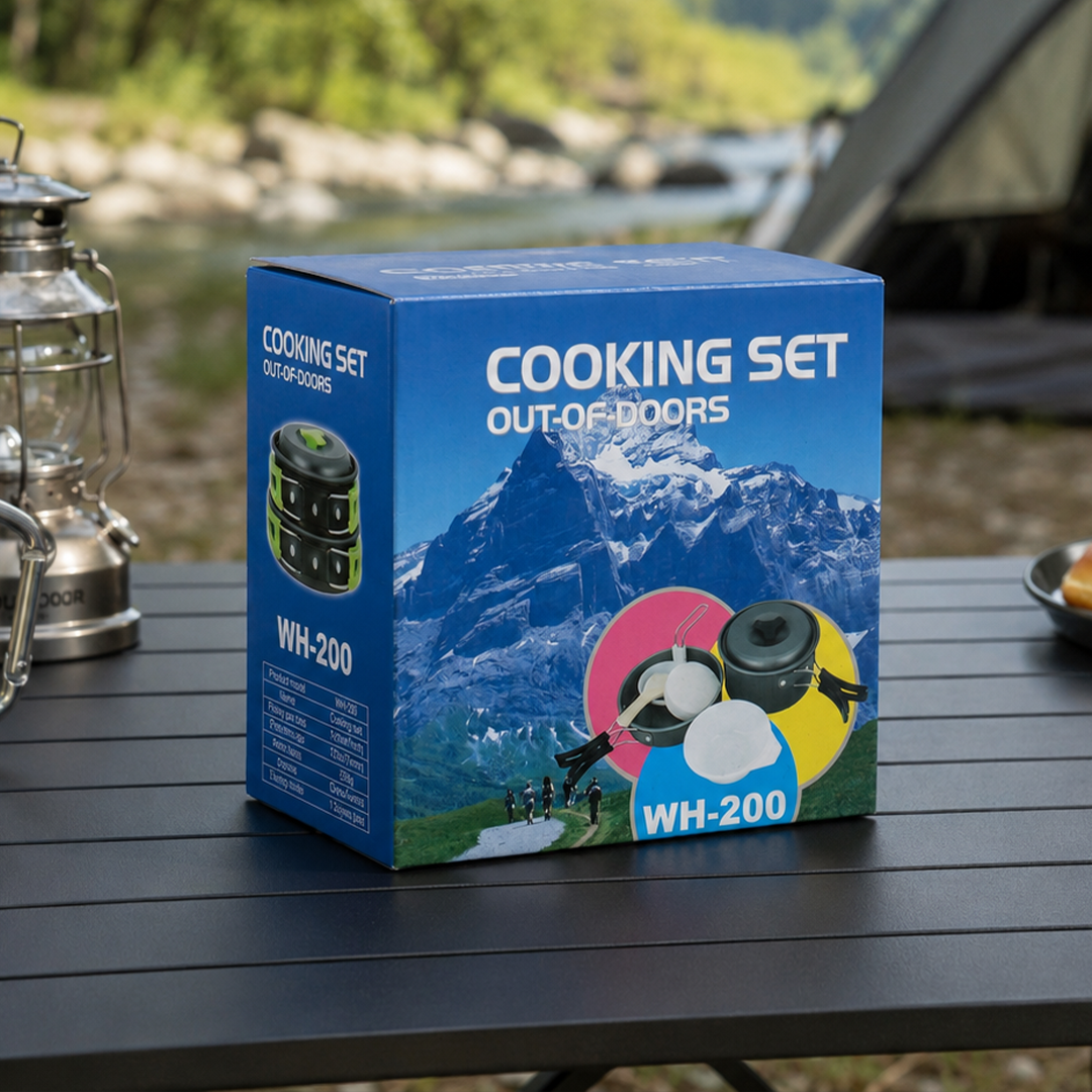 Set Panci Alat Masak Outdoor Camping Nesting Cooking Aluminium 7in1 - WH-200 Gambar produk Set Panci Alat Masak Outdoor Camping Nesting Cooking Aluminium 7in1 - WH-200 - Kemasan