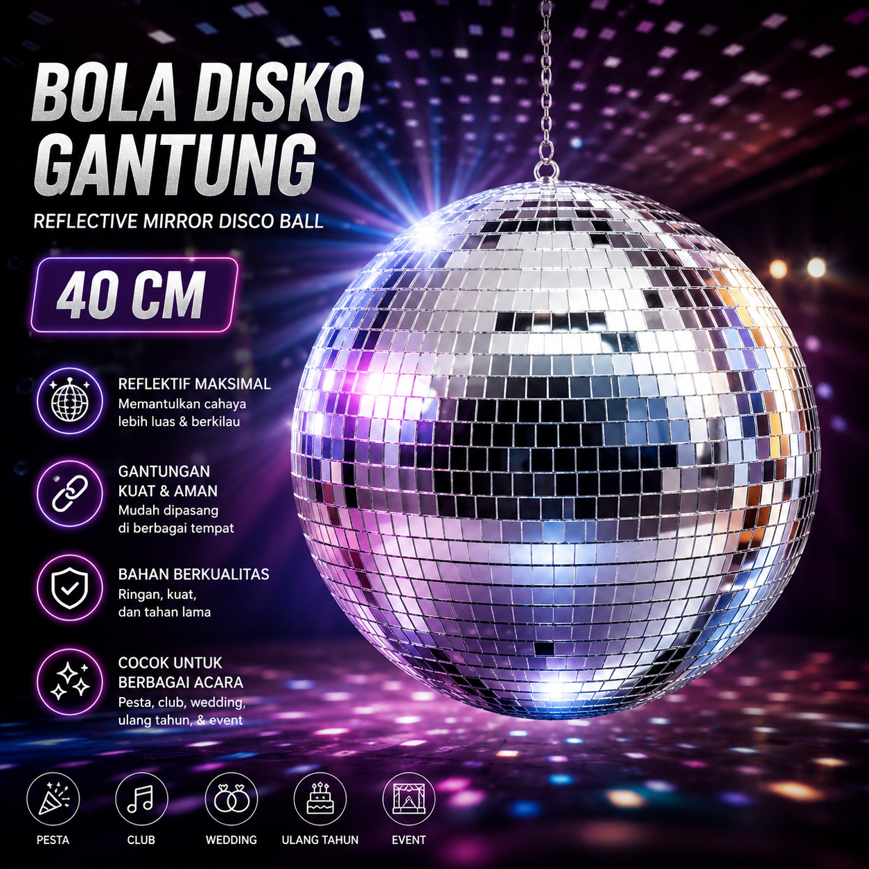 AILAMP Bola Disko Gantung Reflective Mirror Disco Ball 40cm - D018 Gambar produk AILAMP Bola Disko Gantung Reflective Mirror Disco Ball 40cm - D018 - Utama