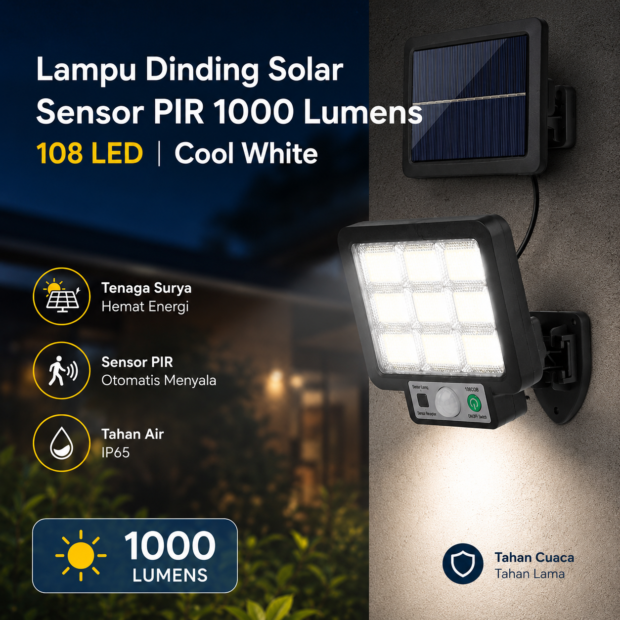 Gambar produk JING XIN Lampu Dinding Solar Sensor PIR 1000 Lumens Cool White 108 LED - JX-F - Utama