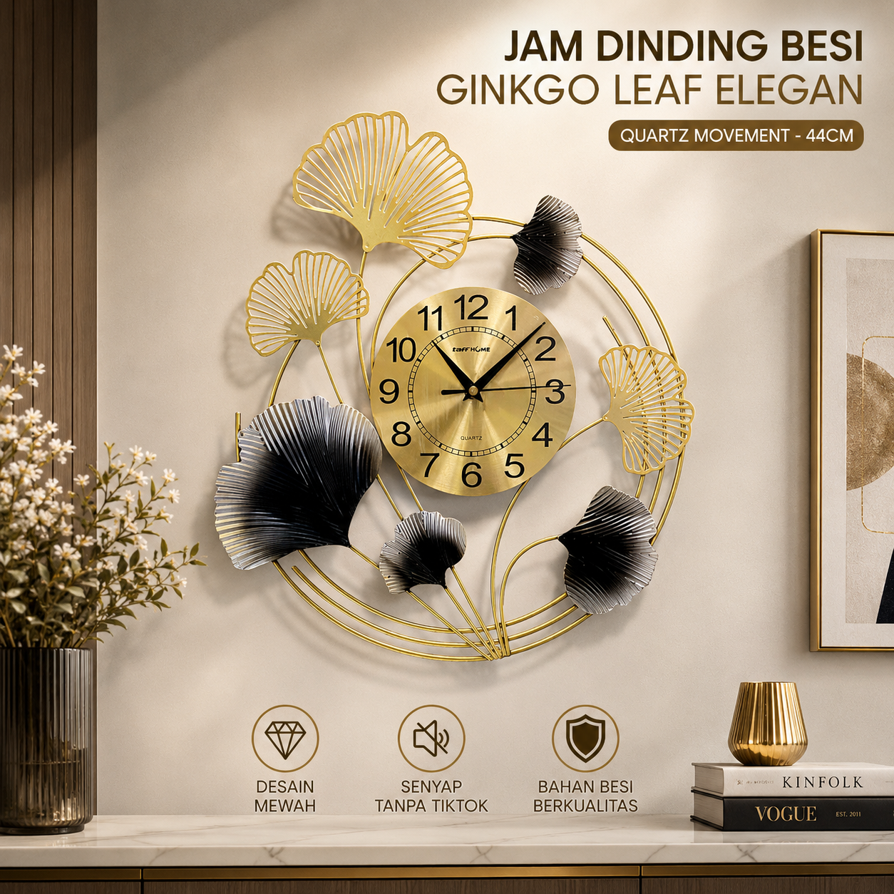 TaffHOME Jam Dinding Besi Elegan Ginkgo Leaf Quartz Movement 44cm - 25009 Gambar produk TaffHOME Jam Dinding Besi Elegan Ginkgo Leaf Quartz Movement 44cm - 25009 - Utama