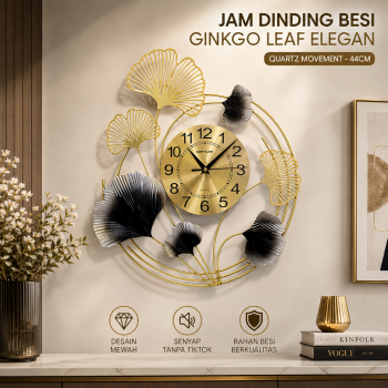 TaffHOME Jam Dinding Besi Elegan Ginkgo Leaf Quartz Movement 44cm - 25009