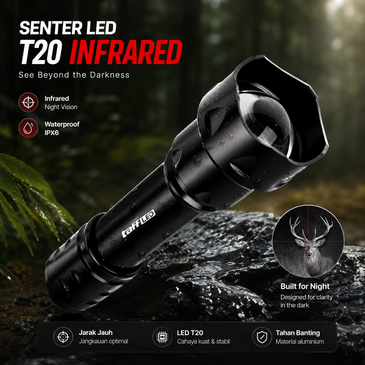 TaffLED Senter LED T20 Infrared Flashlight Night Waterproof IPX6 - BR20 Gambar produk TaffLED Senter LED T20 Infrared Flashlight Night Waterproof IPX6 - BR20 - Utama