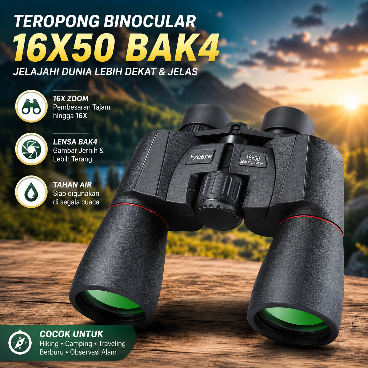 Eyebre Teropong Binocular Telescope Outdoor Paul Type BAK4 16X50 - DT22 Gambar produk Eyebre Teropong Binocular Telescope Outdoor Paul Type BAK4 16X50 - DT22 - Utama