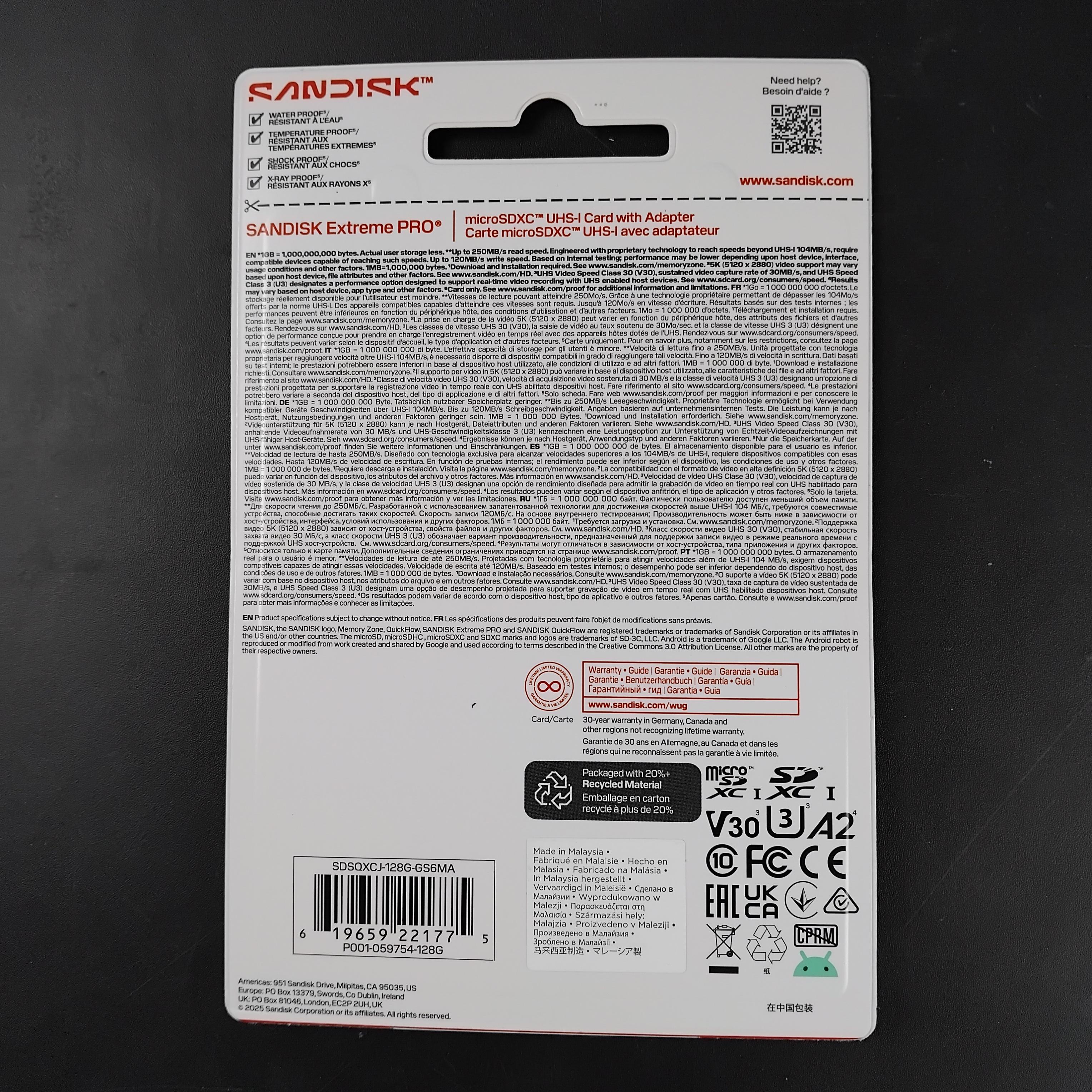 SanDisk Extreme Pro microSDXC UHS-I U3 V30 250MB/s 128GB - SDSQXCJ Gambar produk SanDisk Extreme Pro microSDXC UHS-I U3 V30 250MB/s 128GB - SDSQXCJ - Kemasan