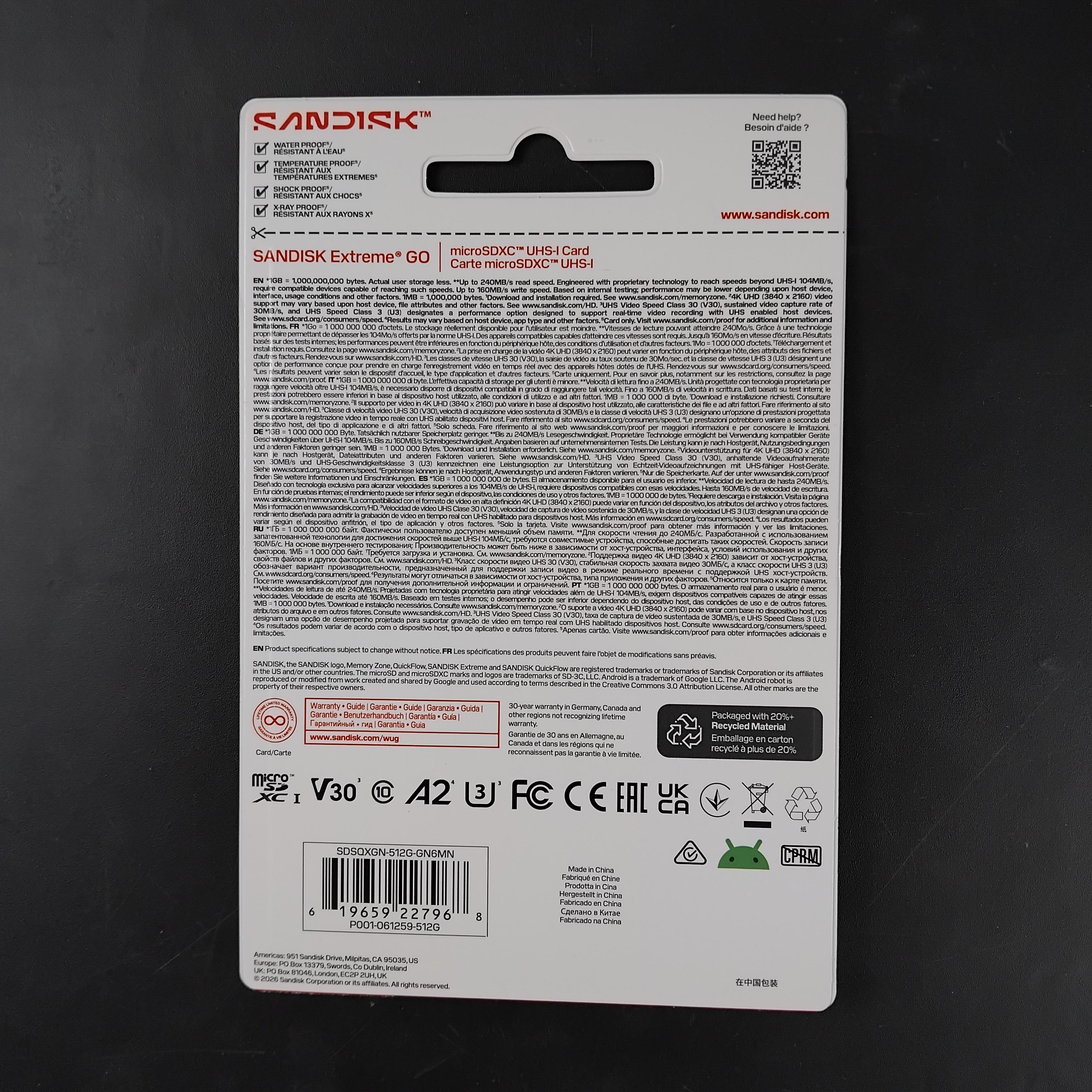 SanDisk Extreme GO microSDXC UHS-I A2 U3 V30 512GB - SDSQXGN Gambar produk SanDisk Extreme GO microSDXC UHS-I A2 U3 V30 512GB - SDSQXGN - Kemasan