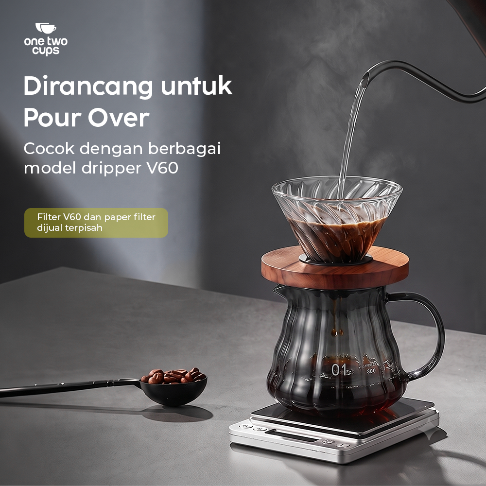 One Two Cups Teko Kopi Coffee Server V60 Drip Pour Over Kaca 360ml - XGS-36/60 Gambar produk One Two Cups Teko Kopi Coffee Server V60 Drip Pour Over Kaca 360ml - XGS-36/60 - 1