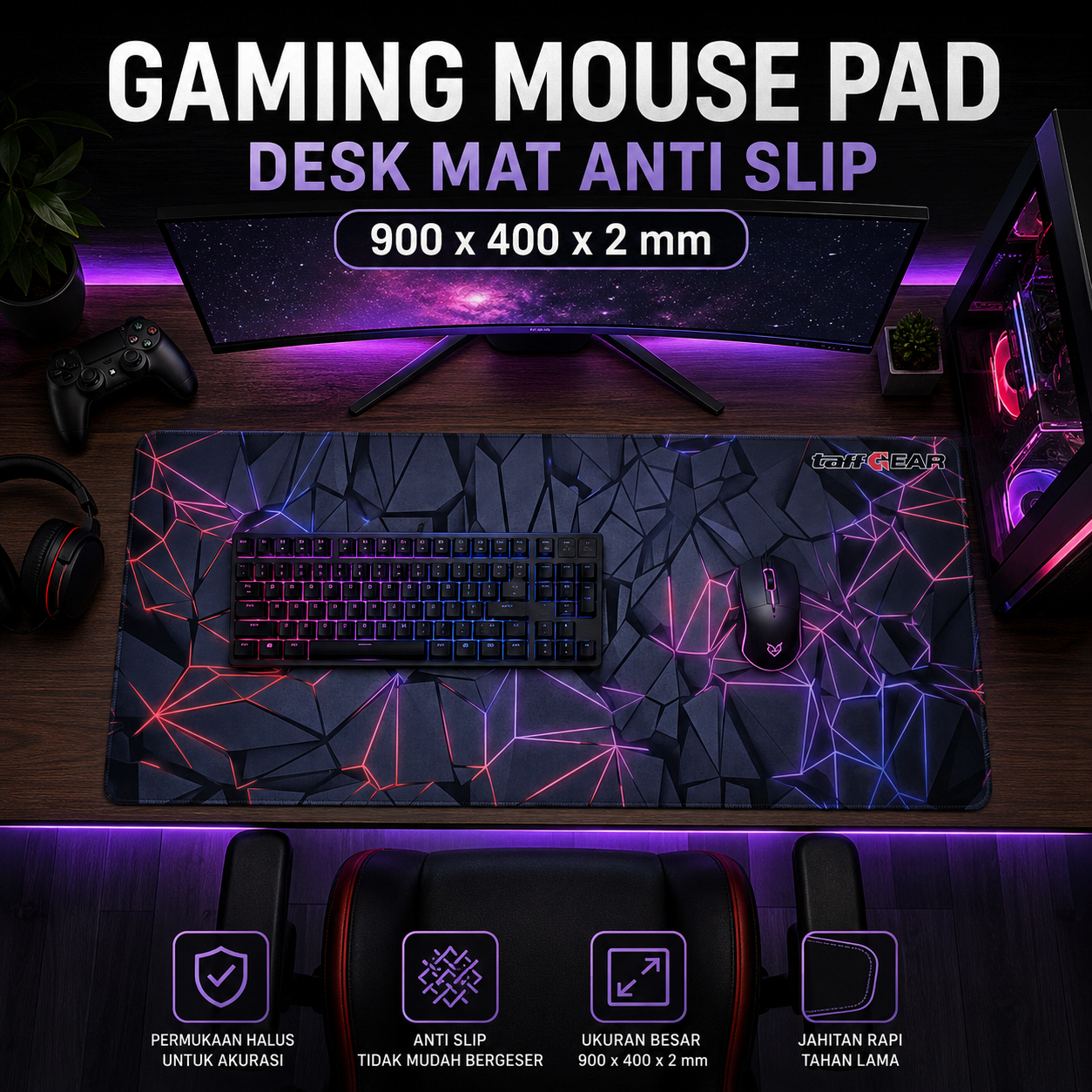 Gambar produk TaffGEAR Gaming Mouse Pad Desk Mat Anti Slip Colorful Polygonal 900x400x2mm - LM-980 - Utama