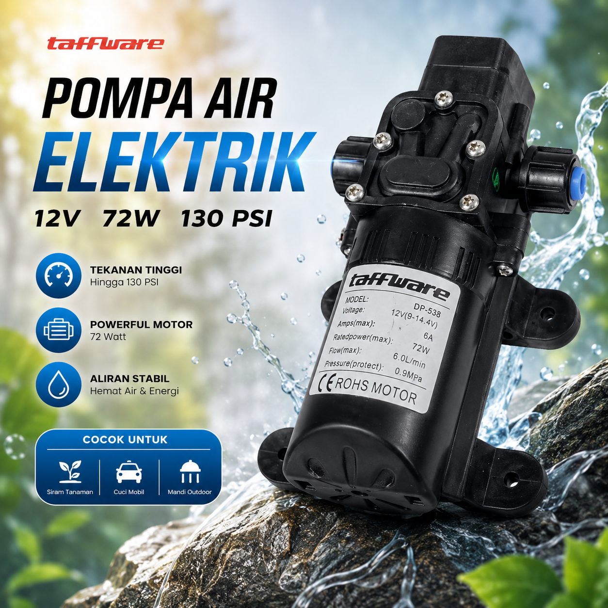 Gambar produk Taffware Pompa Air Elektrik Diaphragm Pump 12V 72W 130 PSI - DP-538 - Utama