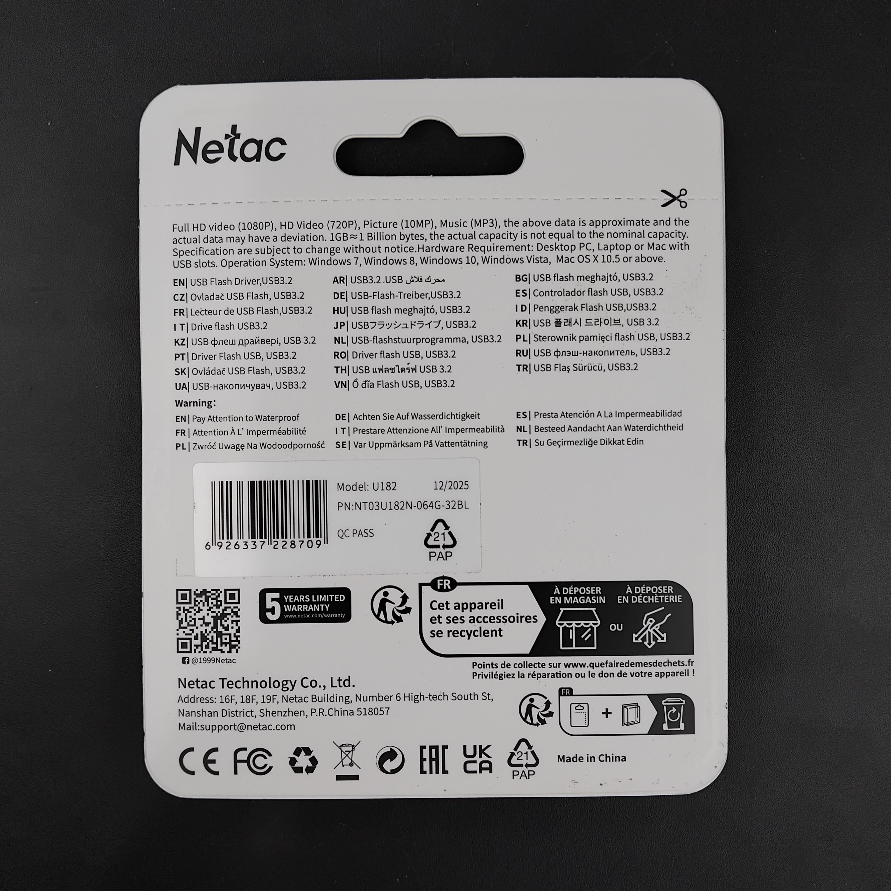 Netac Flashdisk USB 3.2 64GB - U182 Gambar produk Netac Flashdisk USB 3.2 64GB - U182 - Kemasan