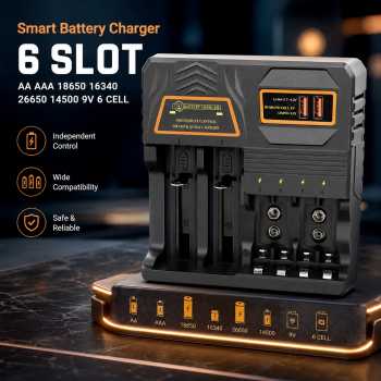 POJJ Charger Baterai 6 Slot AA AAA 18650 16340 26650 14500 USB A 9V - MS-5D421529
