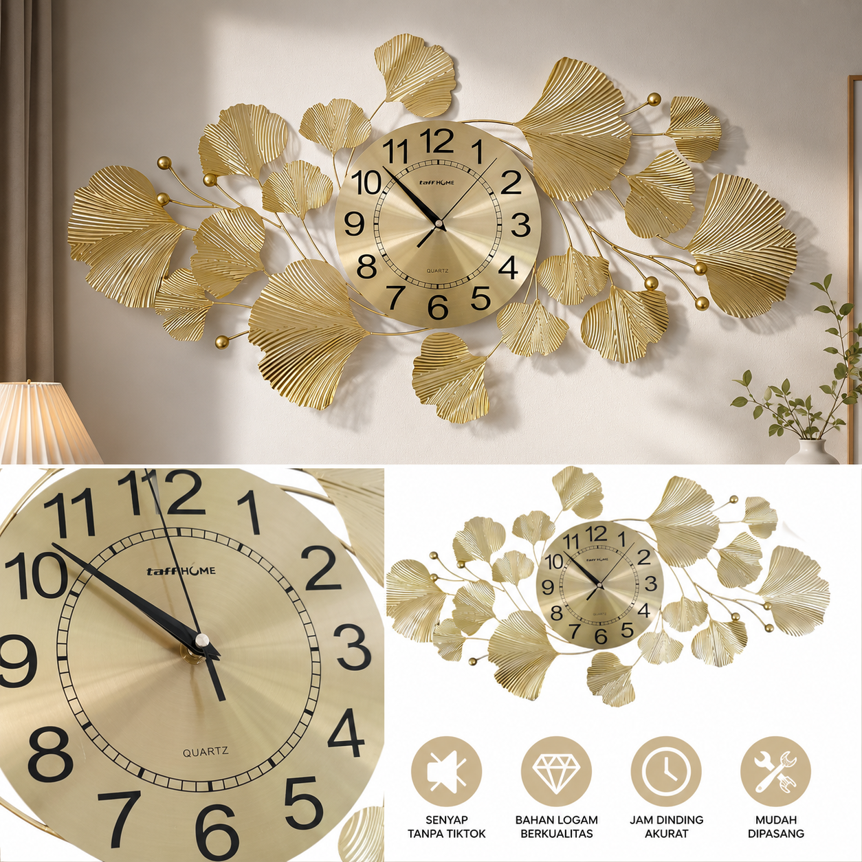 TaffHOME Jam Dinding Besi Iron Ginkgo Luxury Quartz Movement 78cm - 26003 Gambar produk TaffHOME Jam Dinding Besi Iron Ginkgo Luxury Quartz Movement 78cm - 26003 - 1