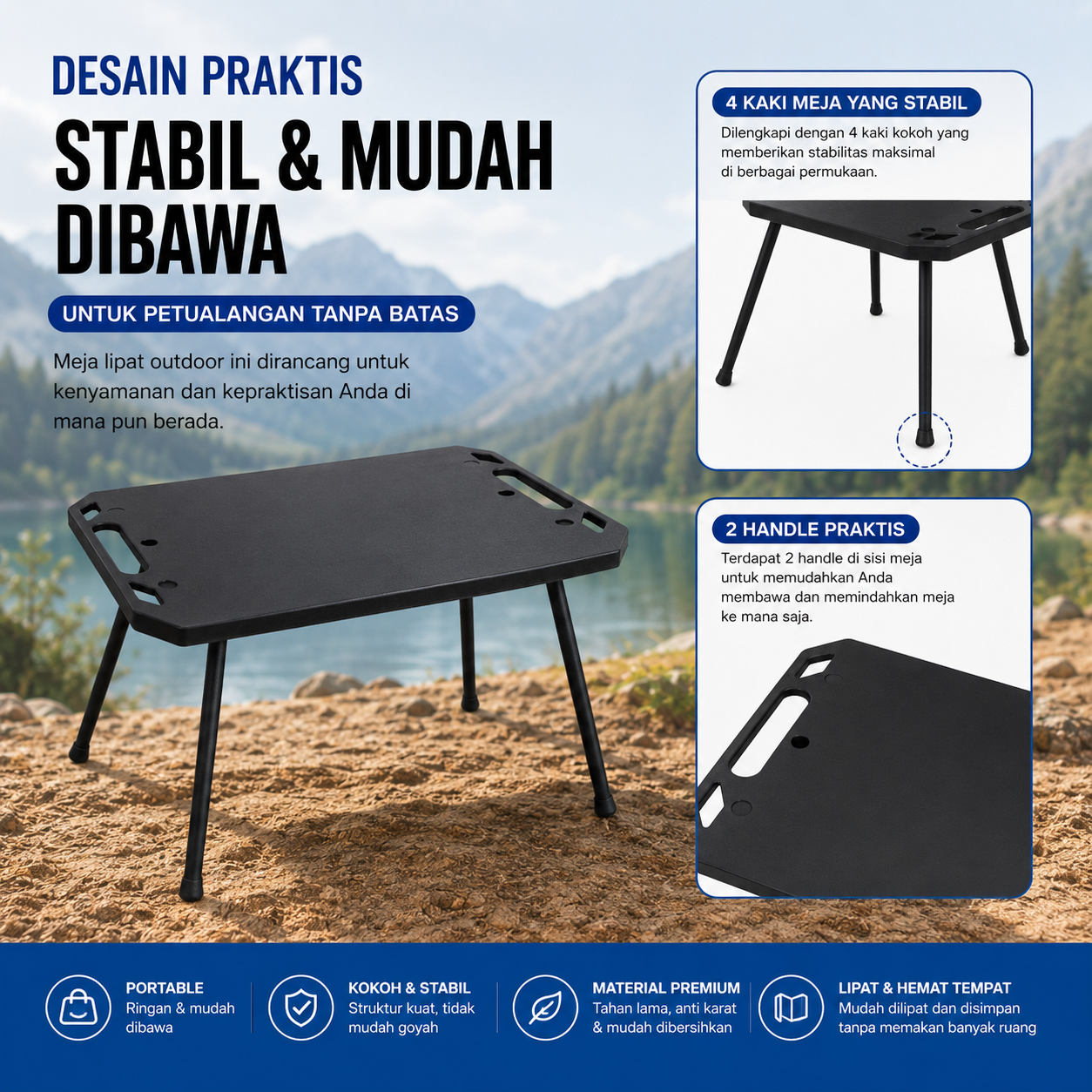 AL Meja Lipat Outdoor Piknik Camping Portable Titanium 48x28x44.5cm - AF65 Gambar produk AL Meja Lipat Outdoor Piknik Camping Portable Titanium 48x28x44.5cm - AF65 - 2