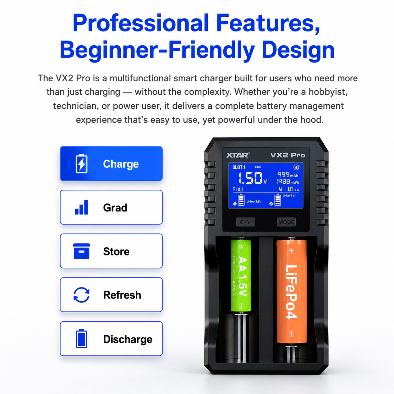 Gambar produk XTAR Charger Baterai 2 Slot AA AAA 3.7V Li-Ion 3.2V LiFePO4 1.2V Ni-MH - VX2 PRO KT - 3
