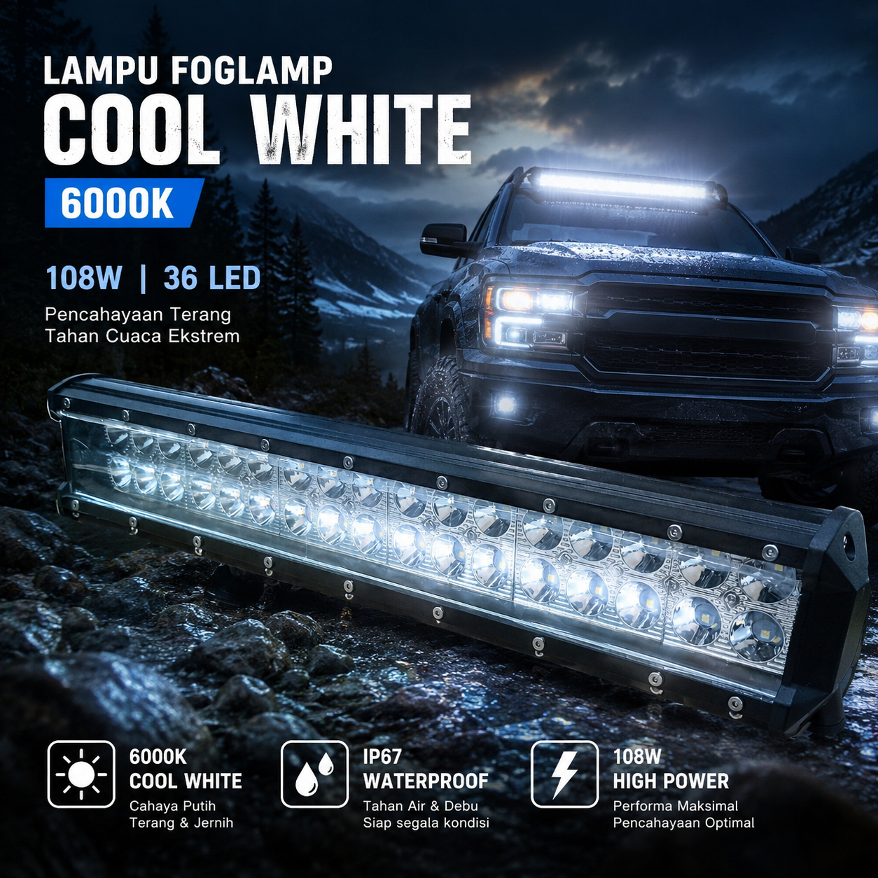 AUXMOTEC Lampu Sorot Tembak Foglamp Cool White IP67 108W 9-50V 20cm 36 LED - A8 Gambar produk AUXMOTEC Lampu Sorot Tembak Foglamp Cool White IP67 108W 9-50V 20cm 36 LED - A8 - Utama