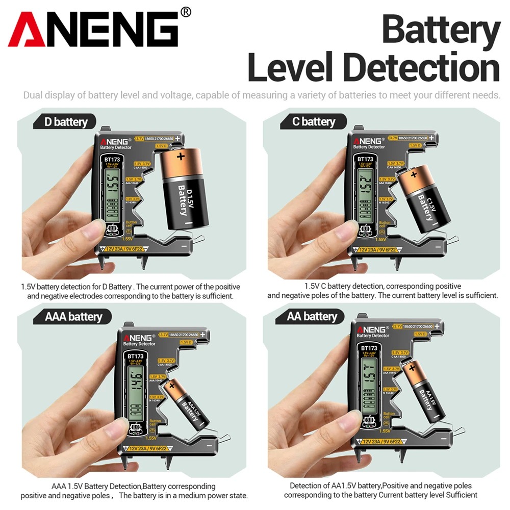 ANENG Alat Ukur Baterai Digital Battery Tester Button 9V 12V AA AAA - BT173 Gambar produk ANENG Alat Ukur Baterai Digital Battery Tester Button 9V 12V AA AAA - BT173 - 3
