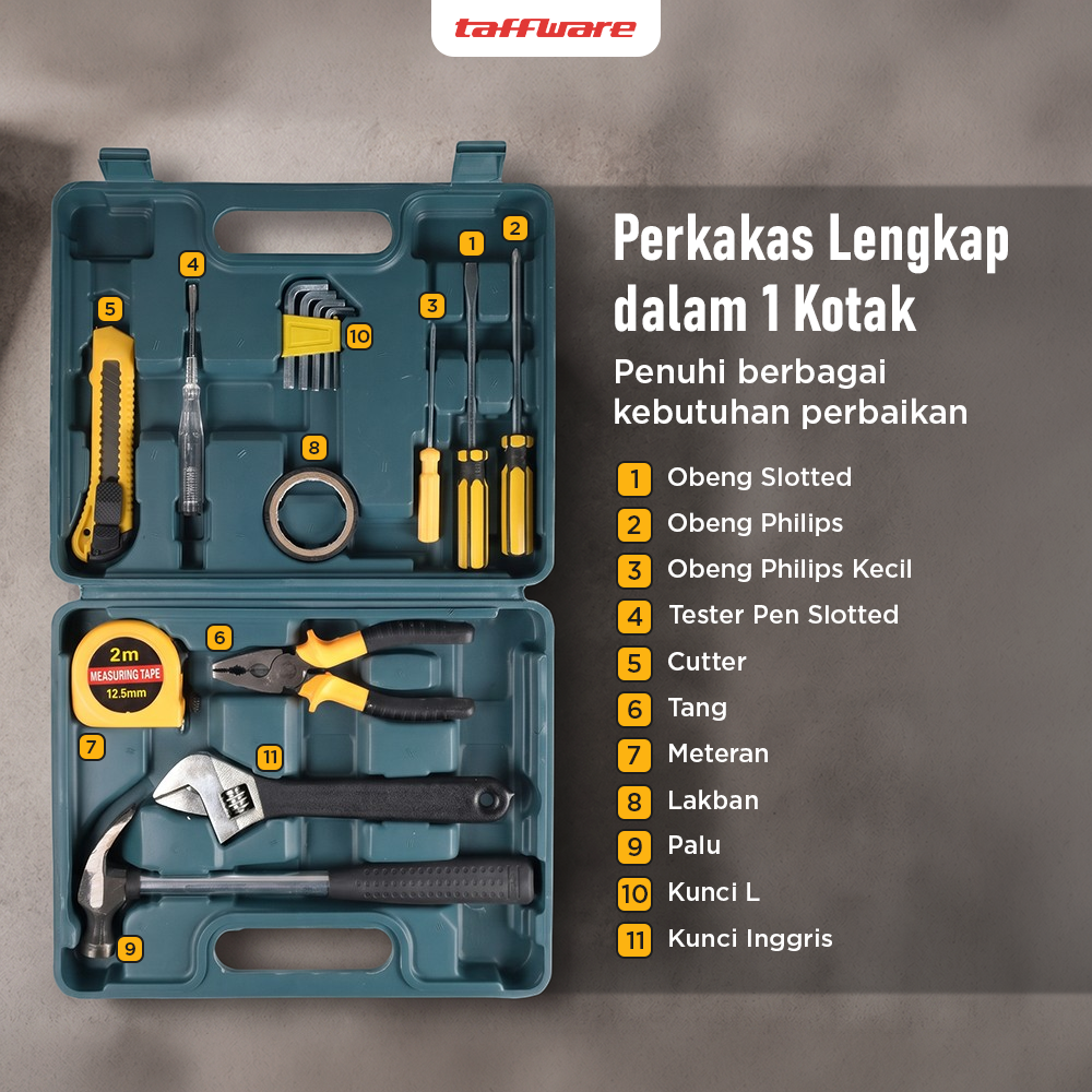 Gambar produk Taffware Alat Set Perkakas Palu Tang Obeng Kunci Pas 15in1 - YL-8016 - 1