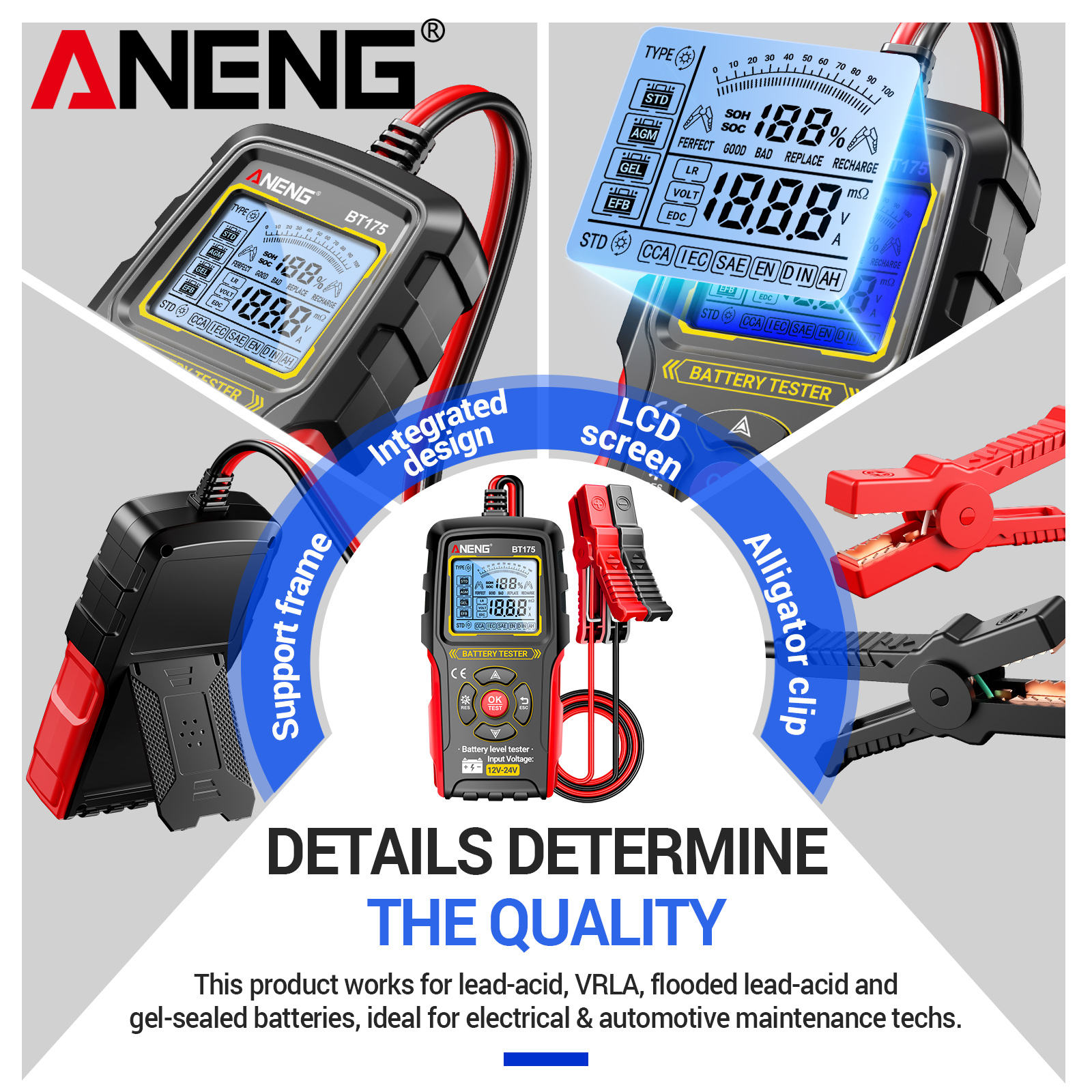 ANENG Tester Aki Mobil Digital CCA Alternator Diagnostic 12V/24V - BT175 Gambar produk ANENG Tester Aki Mobil Digital CCA Alternator Diagnostic 12V/24V - BT175 - 2