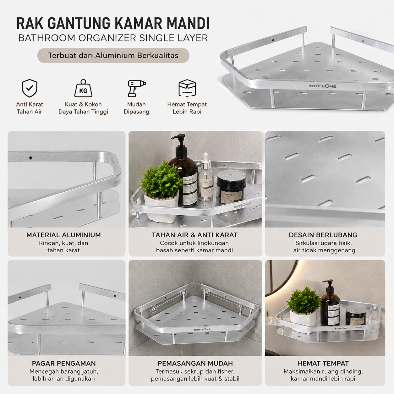 TaffHOME Rak Gantung Kamar Mandi Bathroom Organizer Single Layer - ET33 Gambar produk TaffHOME Rak Gantung Kamar Mandi Bathroom Organizer Single Layer - ET33 - 2