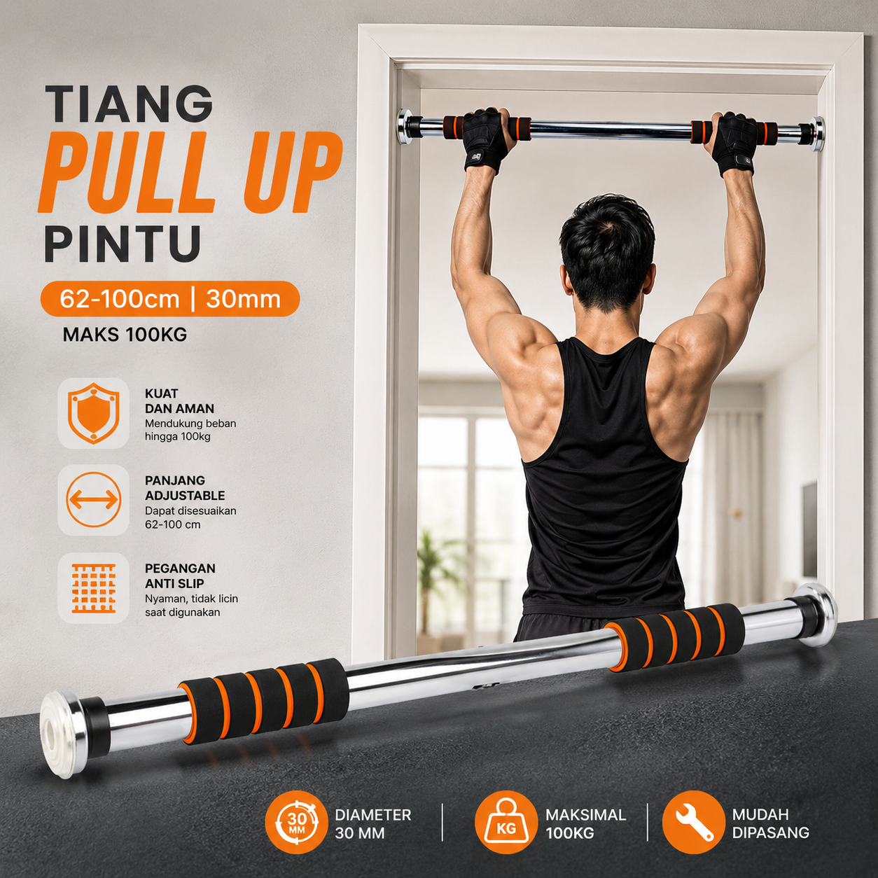 Tiang Latihan Pull Up Pintu Pattern Grip 62-100cm - 1604 Gambar produk Tiang Latihan Pull Up Pintu Pattern Grip 62-100cm - 1604 - Utama