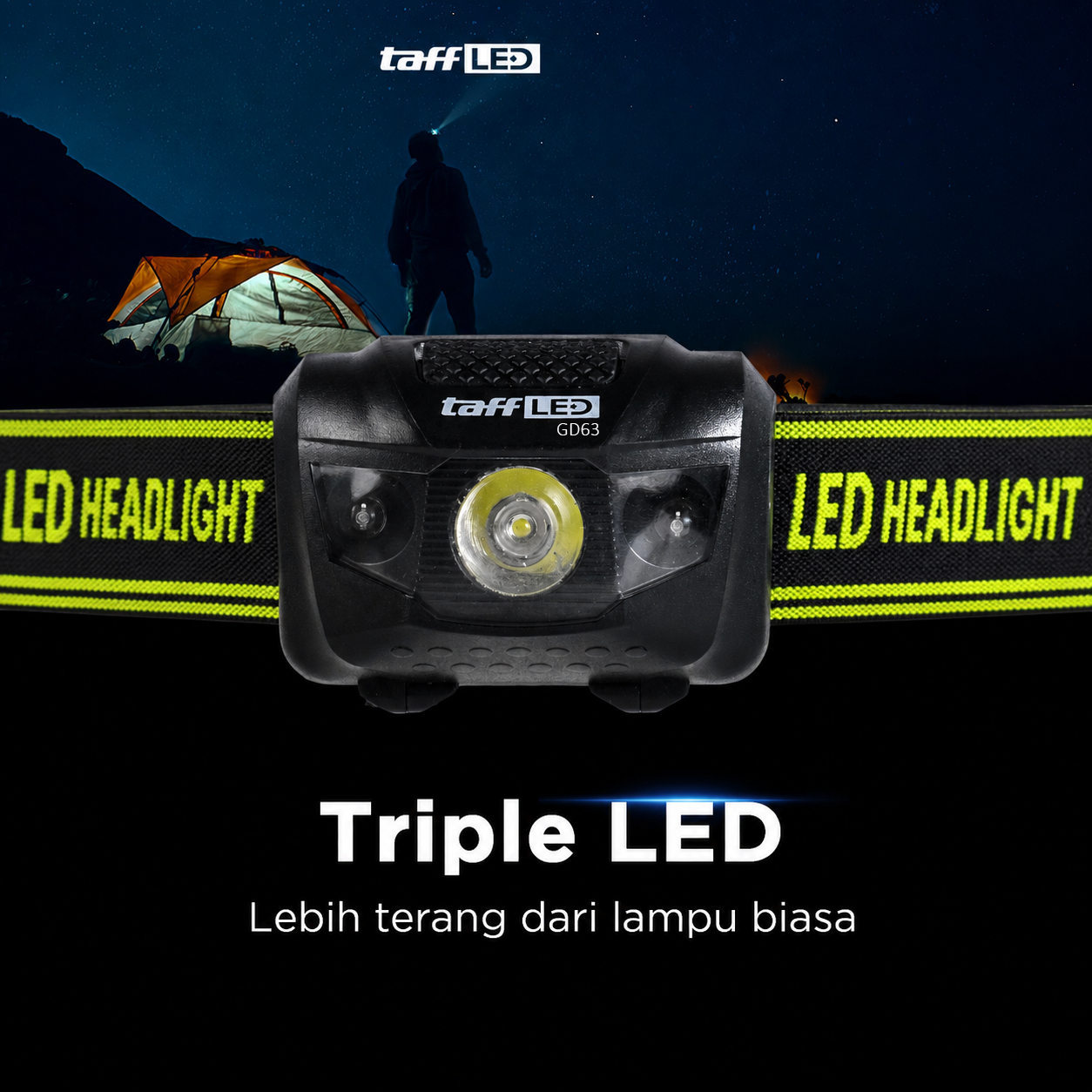 TaffLED Headlamp LED Outdoor Multifunction 3W Triple LED IPX6 - GD63 Gambar produk TaffLED Headlamp LED Outdoor Multifunction 3W Triple LED IPX6 - GD63 - 1