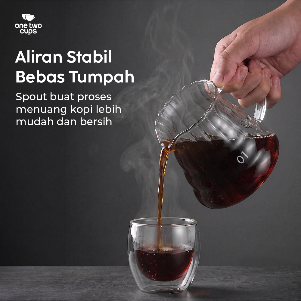 One Two Cups Teko Kopi Coffee Server V60 Drip Pour Over Kaca 360ml - XGS-36/60 Gambar produk One Two Cups Teko Kopi Coffee Server V60 Drip Pour Over Kaca 360ml - XGS-36/60 - 1