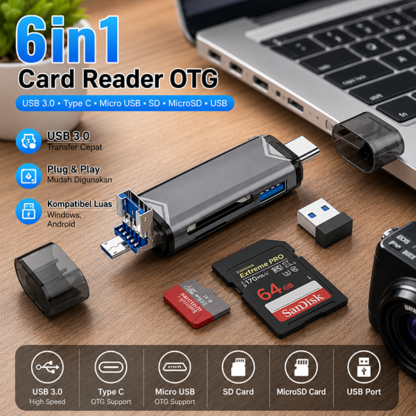 Gambar produk ZXX Card Reader OTG 6in1 USB 3.0 Micro Type C SD Card MicroSD USB - Z61 - Utama