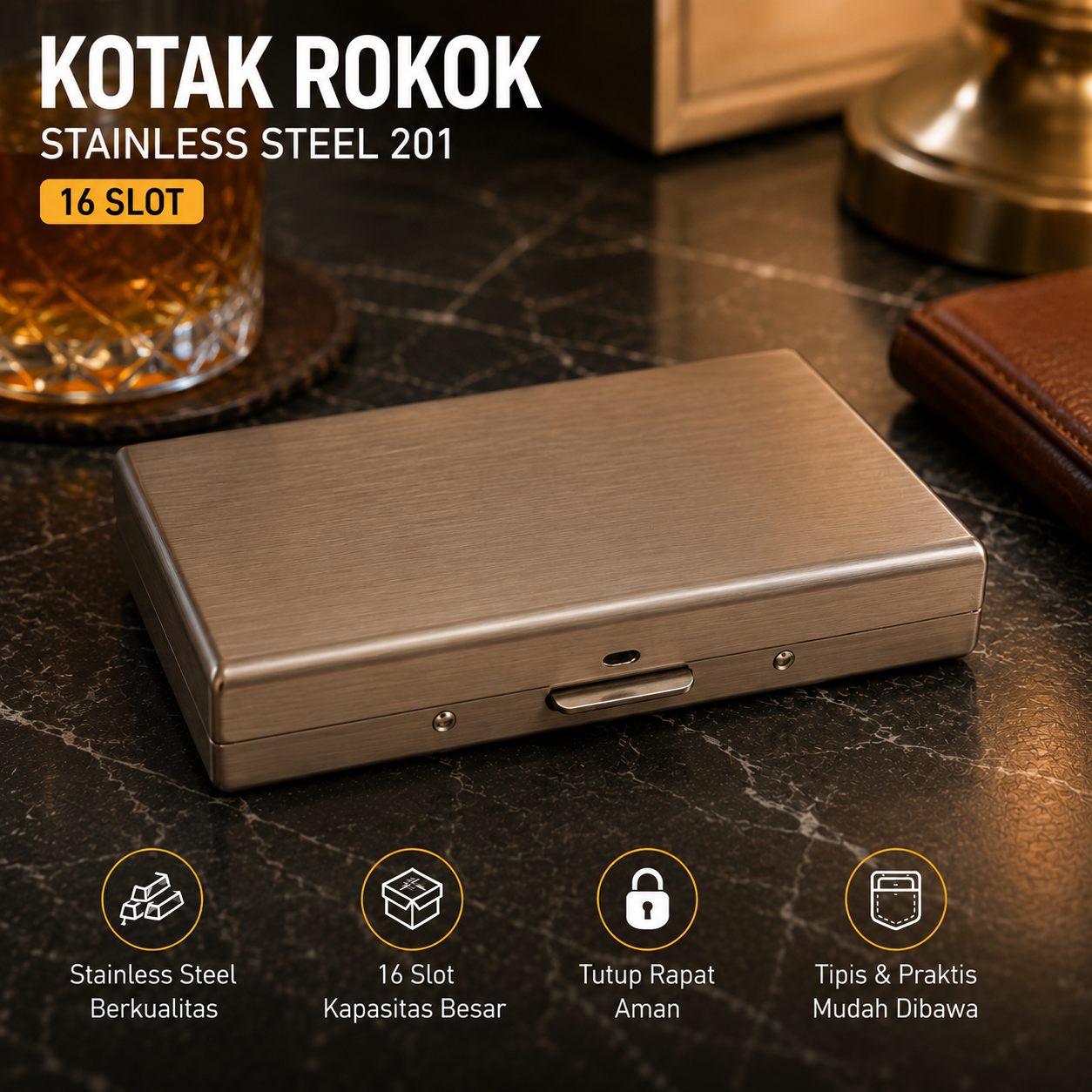 Ophone Kotak Rokok Stainless Steel 201 Cigarette Box Case 16 Slot - JD-SH200 Gambar produk Ophone Kotak Rokok Stainless Steel 201 Cigarette Box Case 16 Slot - JD-SH200 - Utama