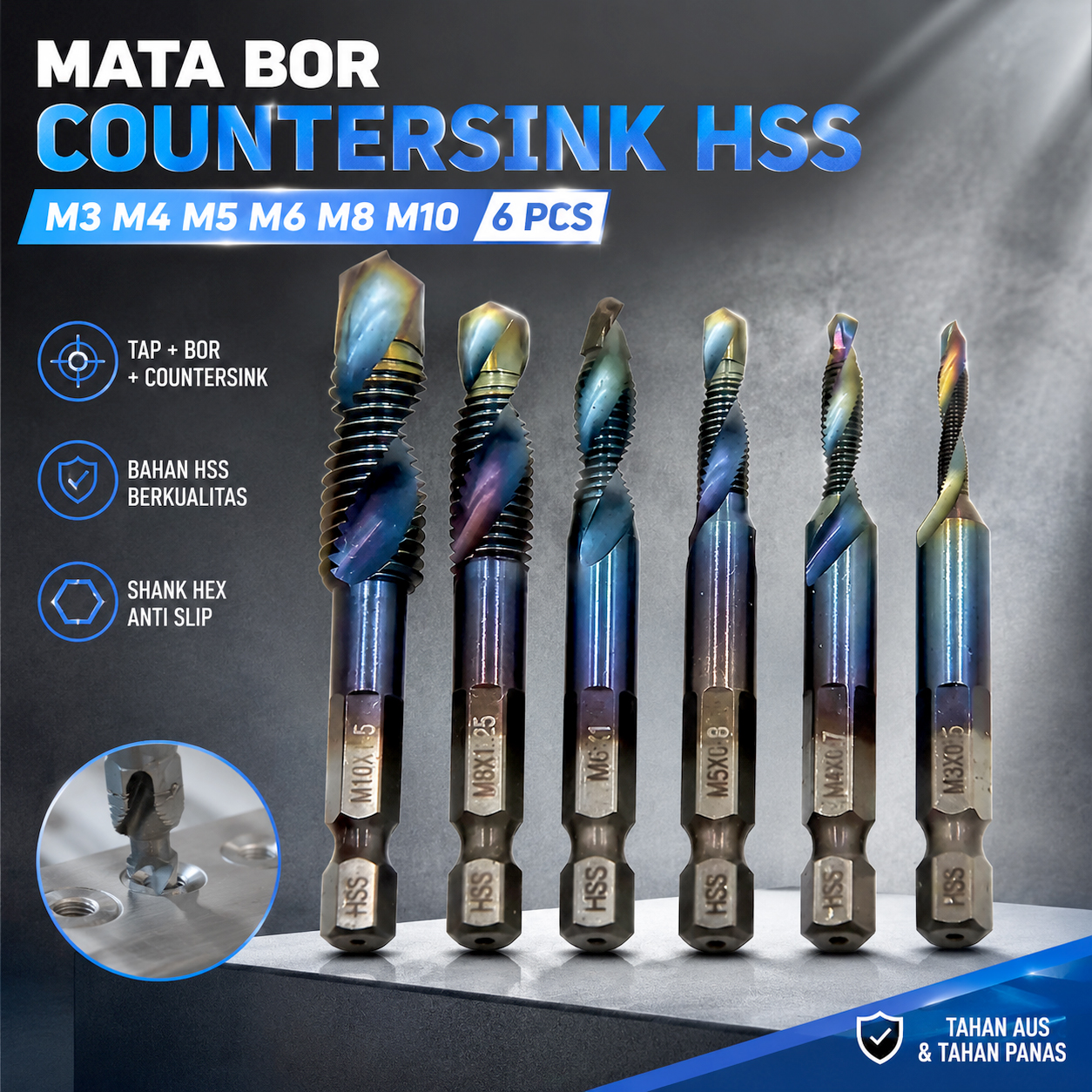 Taffware Mata Bor Drill Bit Countersink HSS M3-M10 6 PCS Gambar produk Taffware Mata Bor Drill Bit Countersink HSS M3-M10 6 PCS - Utama