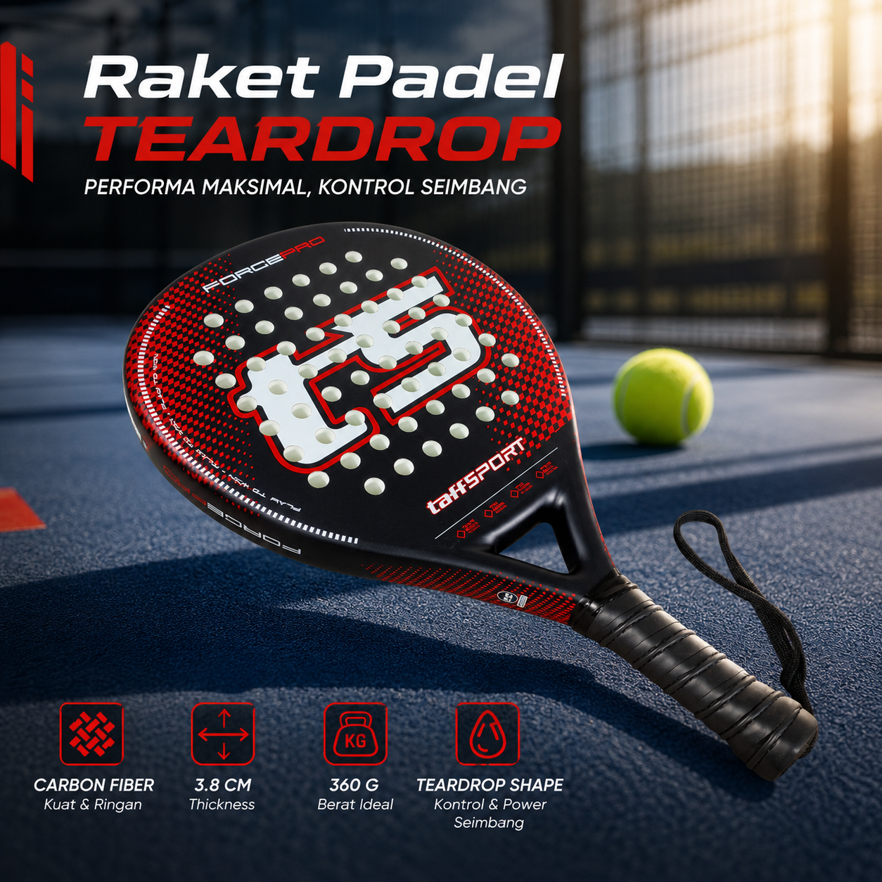 Gambar produk TaffSPORT Raket Padel Teardrop Carbon Fiber 3.8cm Thickness 360g - 4013 - 1