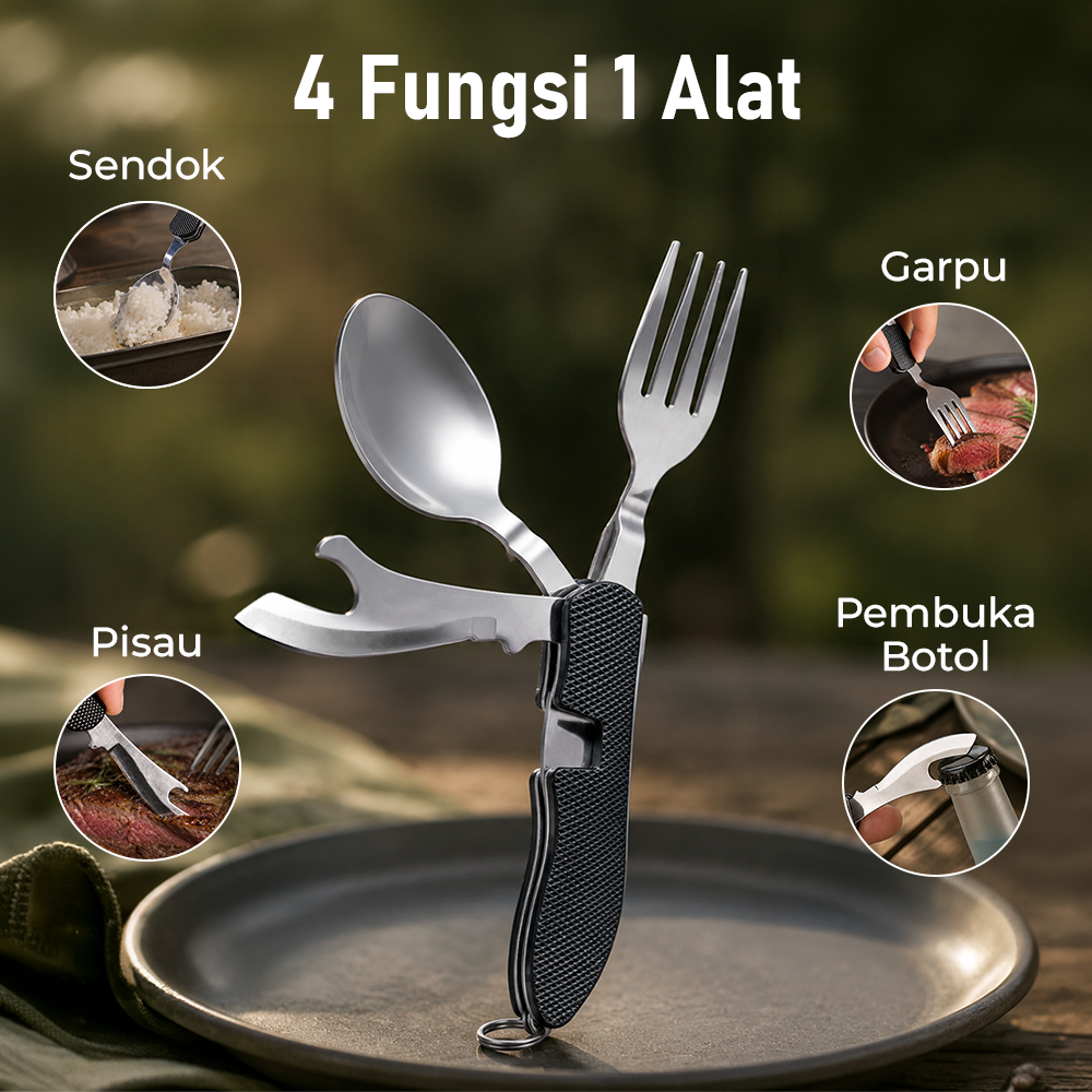 Sendok Garpu Pisau Swiss Army Military Camping Pocket Knife EDC 4 in 1 - A011 Gambar produk Sendok Garpu Pisau Swiss Army Military Camping Pocket Knife EDC 4 in 1 - A011 - 1