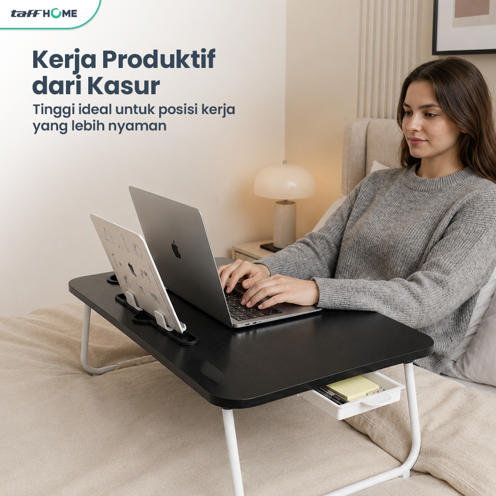 TaffHOME Meja Lipat Laptop Foldable Bed Table with Drawer Cup Holder 60x40cm - BC67 Gambar produk TaffHOME Meja Lipat Laptop Foldable Bed Table with Drawer Cup Holder 60x40cm - BC67 - 6