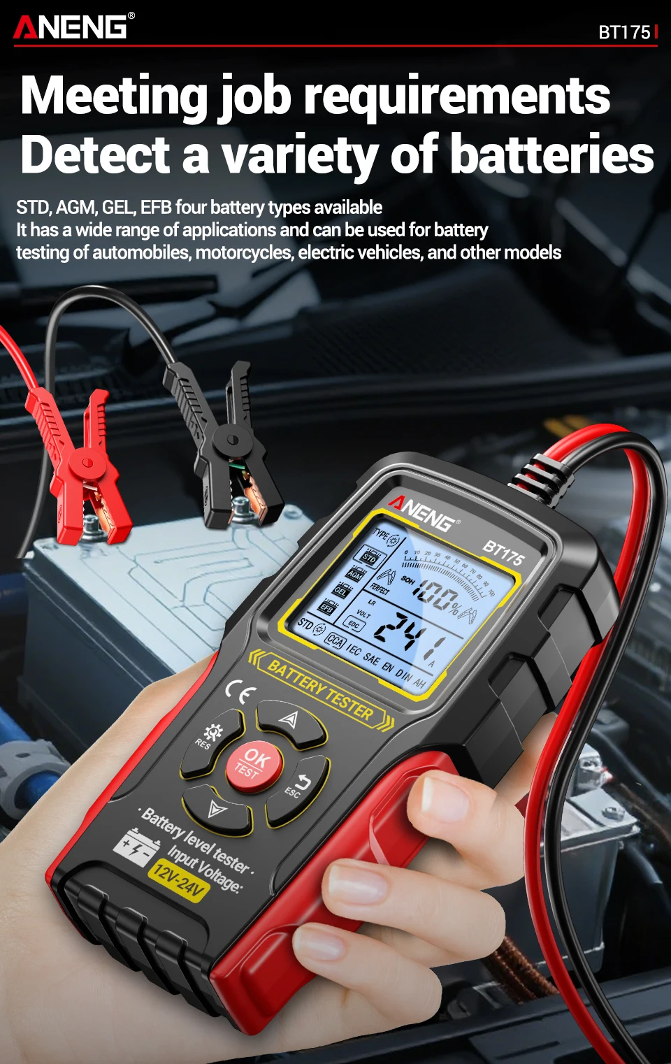 ANENG Tester Aki Mobil Digital CCA Alternator Diagnostic 12V/24V - BT175 Gambar produk ANENG Tester Aki Mobil Digital CCA Alternator Diagnostic 12V/24V - BT175 - 3