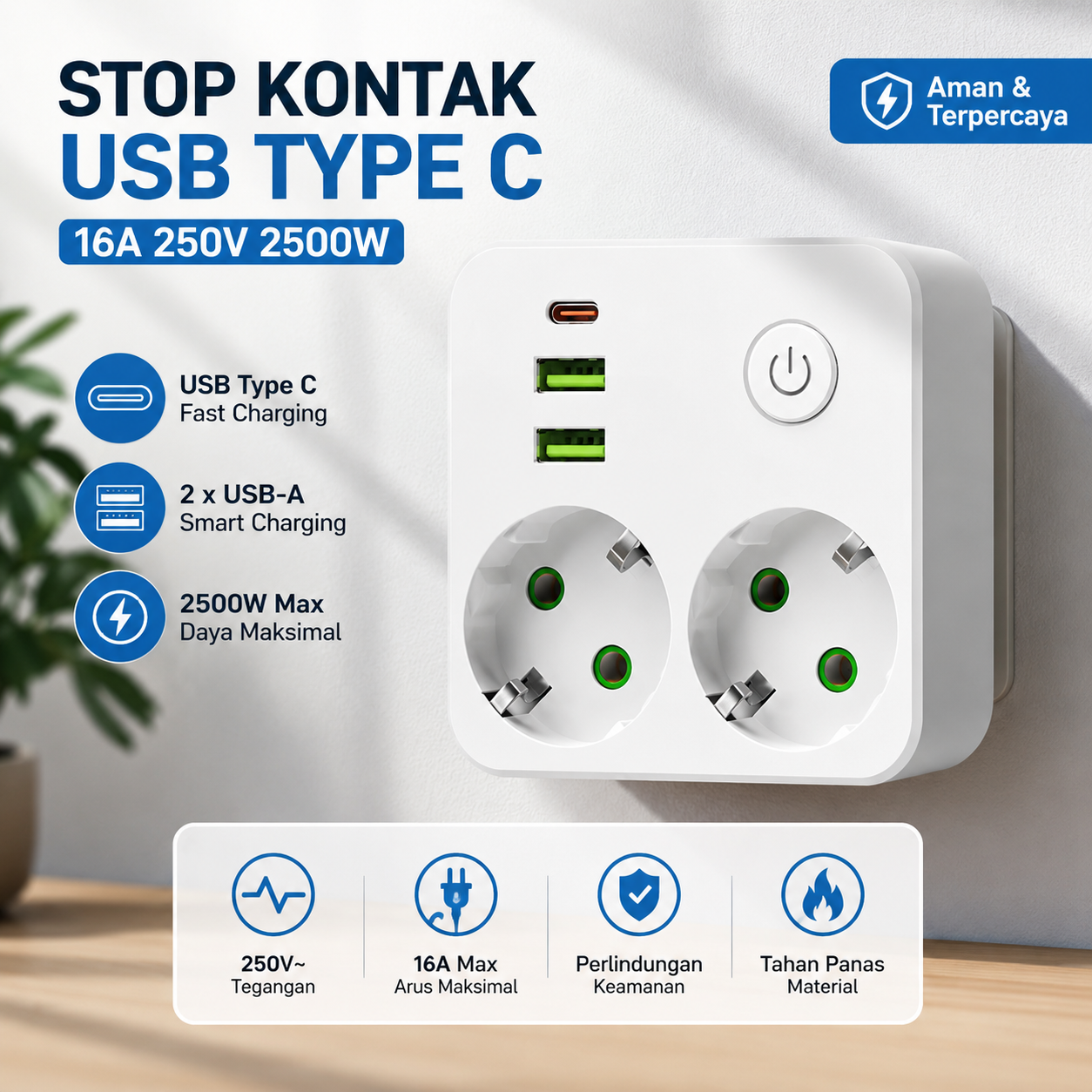 Taffware Stop Kontak USB Type-C Port EU Plug 16A 250V 2500W - QL-86U Gambar produk Taffware Stop Kontak USB Type-C Port EU Plug 16A 250V 2500W - QL-86U - Utama