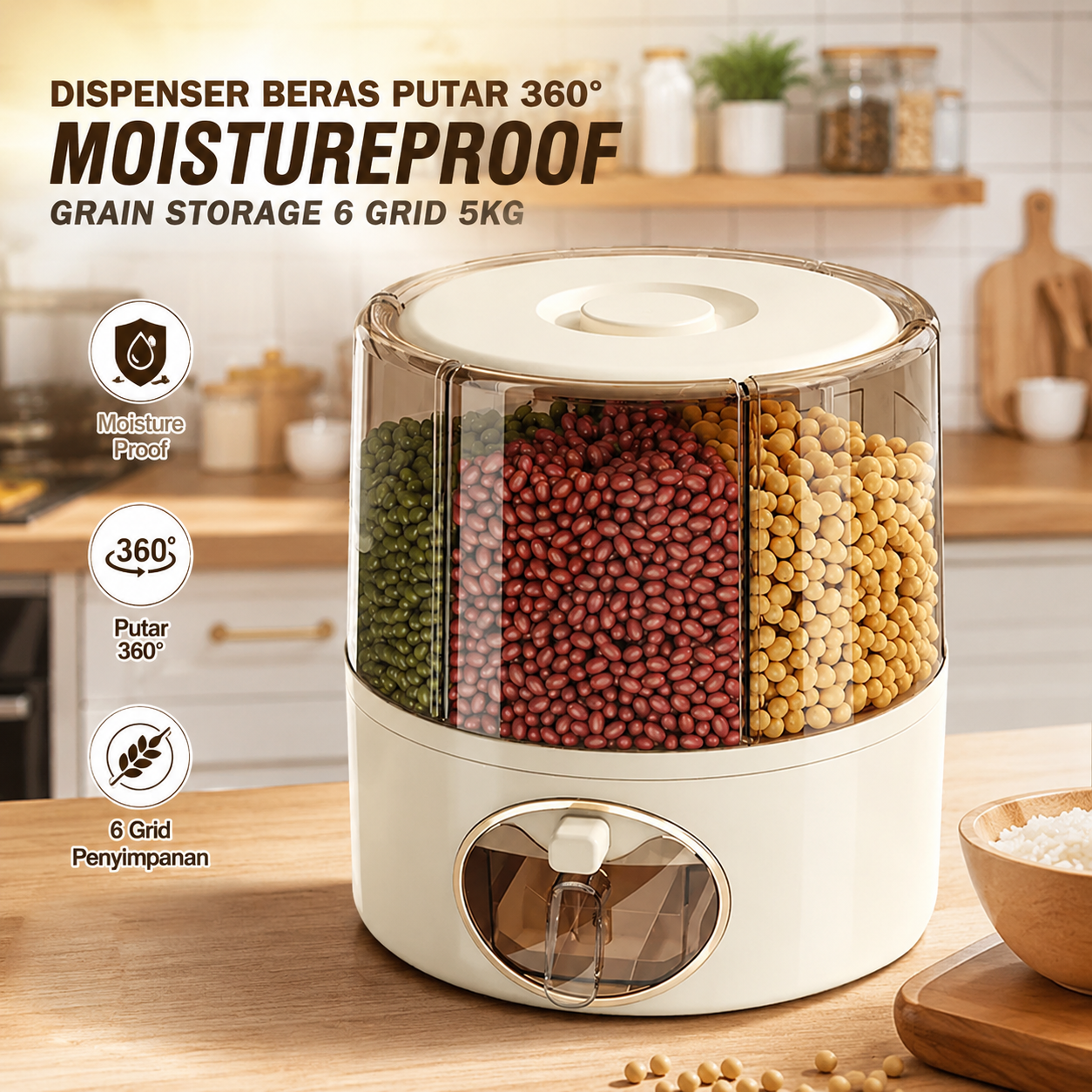 RYNALI Dispenser Beras Putar 360 MoistureProof Grain 6 Grid 5kg - YM7 Gambar produk RYNALI Dispenser Beras Putar 360 MoistureProof Grain 6 Grid 5kg - YM7 - Utama