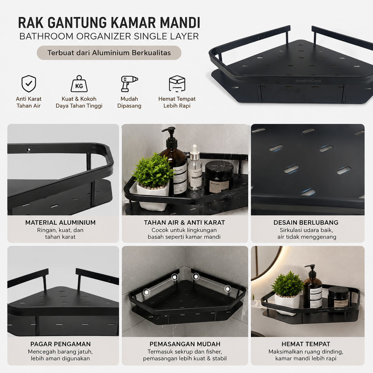 TaffHOME Rak Gantung Kamar Mandi Bathroom Organizer Single Layer - ET33 Gambar produk TaffHOME Rak Gantung Kamar Mandi Bathroom Organizer Single Layer - ET33 - 2