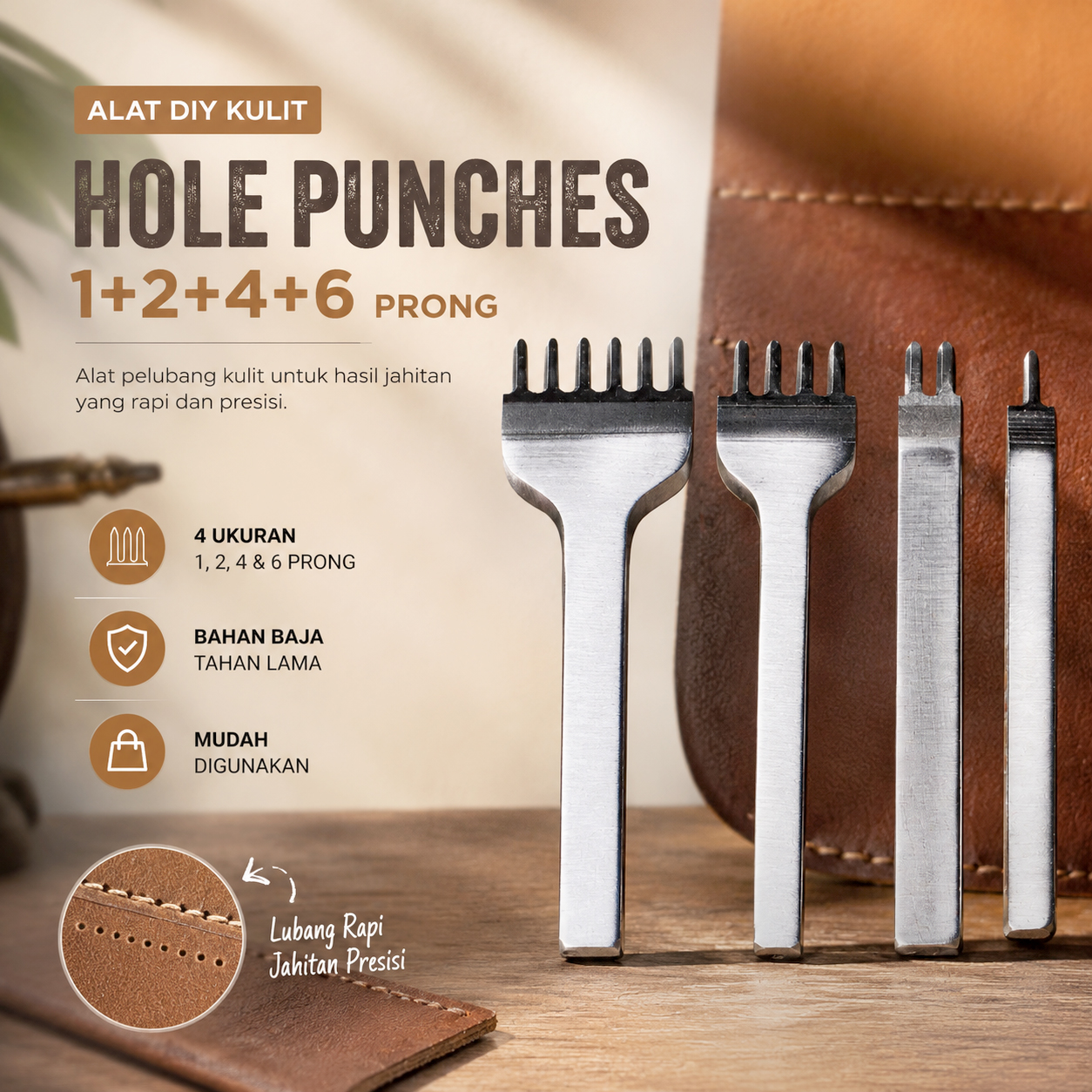 Gambar produk Alat DIY Kulit Leathercraft Hole Punches Stitching Tool 1+2+4+6 Prong - Utama