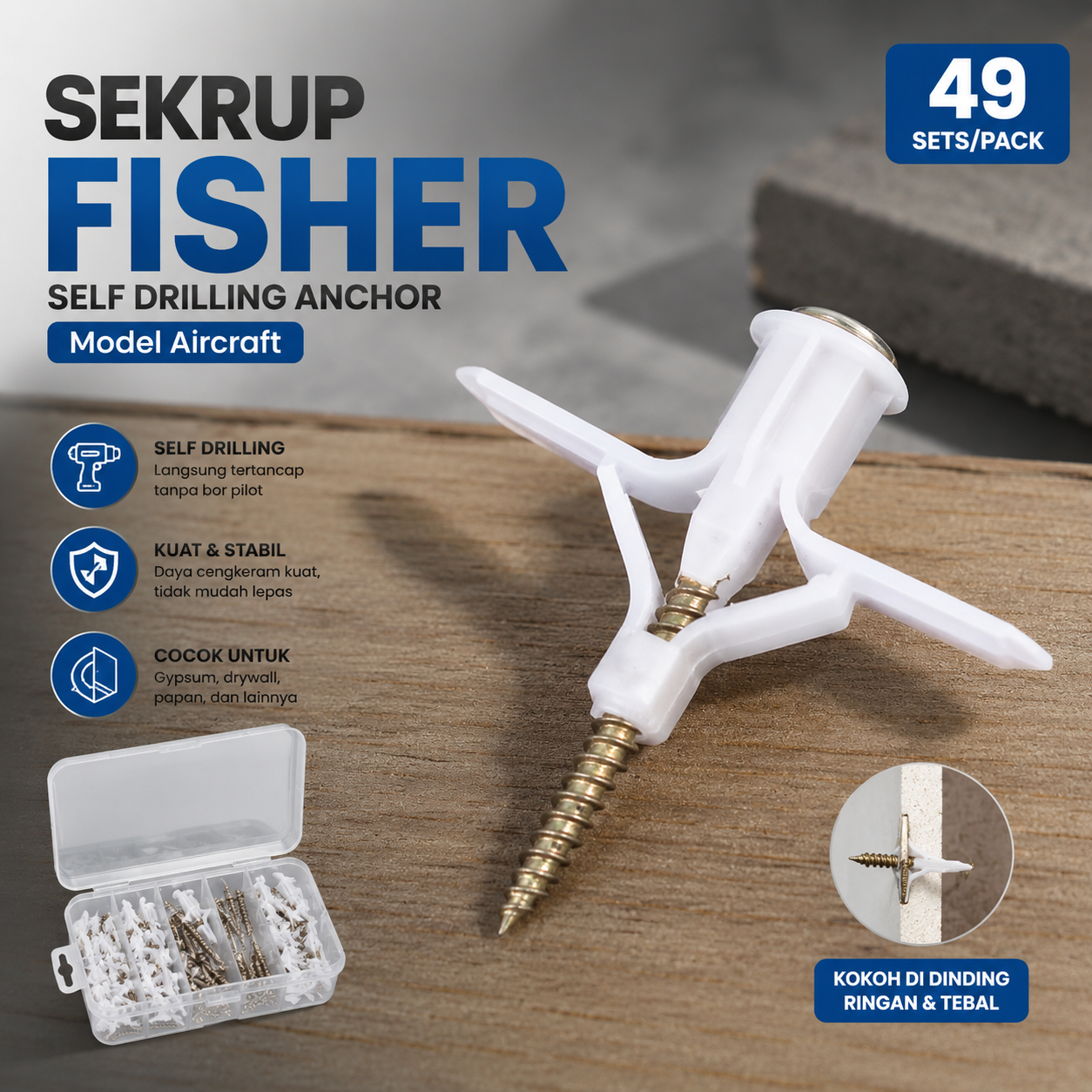 Gambar produk MERCUW Sekrup Fisher Self Drilling Drywall Anchor 49 Sets/Pack Aircraft - BH2-100 - Utama
