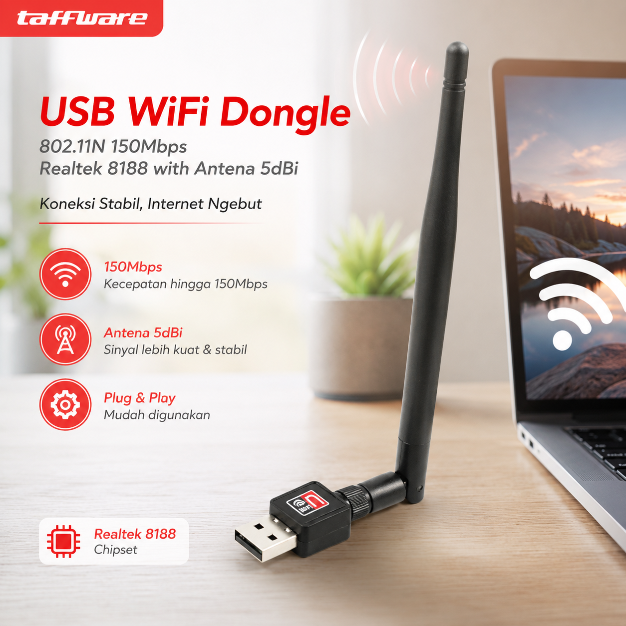 Taffware USB WiFi Dongle 802.11N 150Mbps with Antena 5dBi Realtek 8188 Gambar produk Taffware USB WiFi Dongle 802.11N 150Mbps with Antena 5dBi Realtek 8188 - Utama