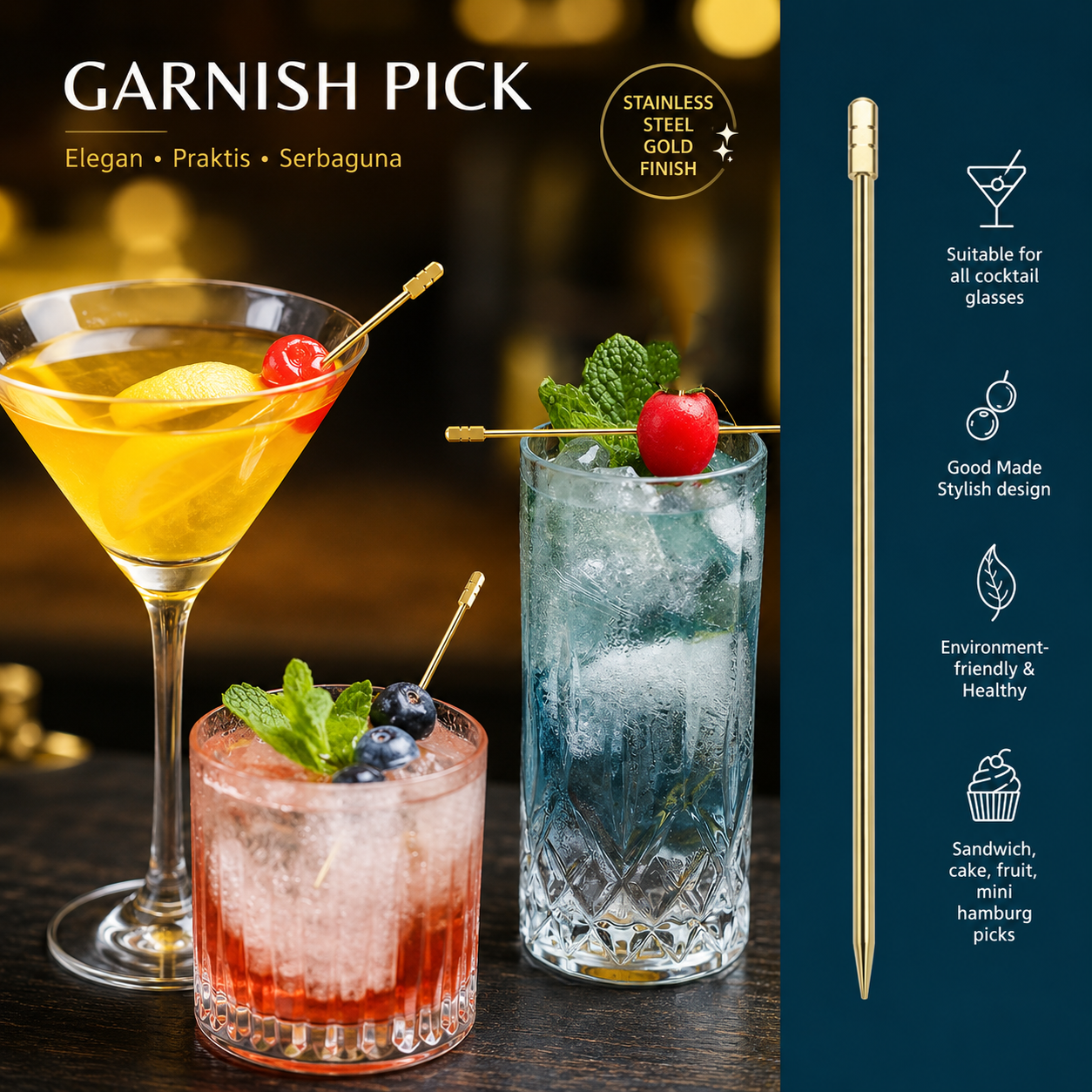 Gambar produk JUWI Tusukan Buah Cocktail Pick Garnish Decoration Stainless Steel 304 Square Pillar - J-105 - Utama