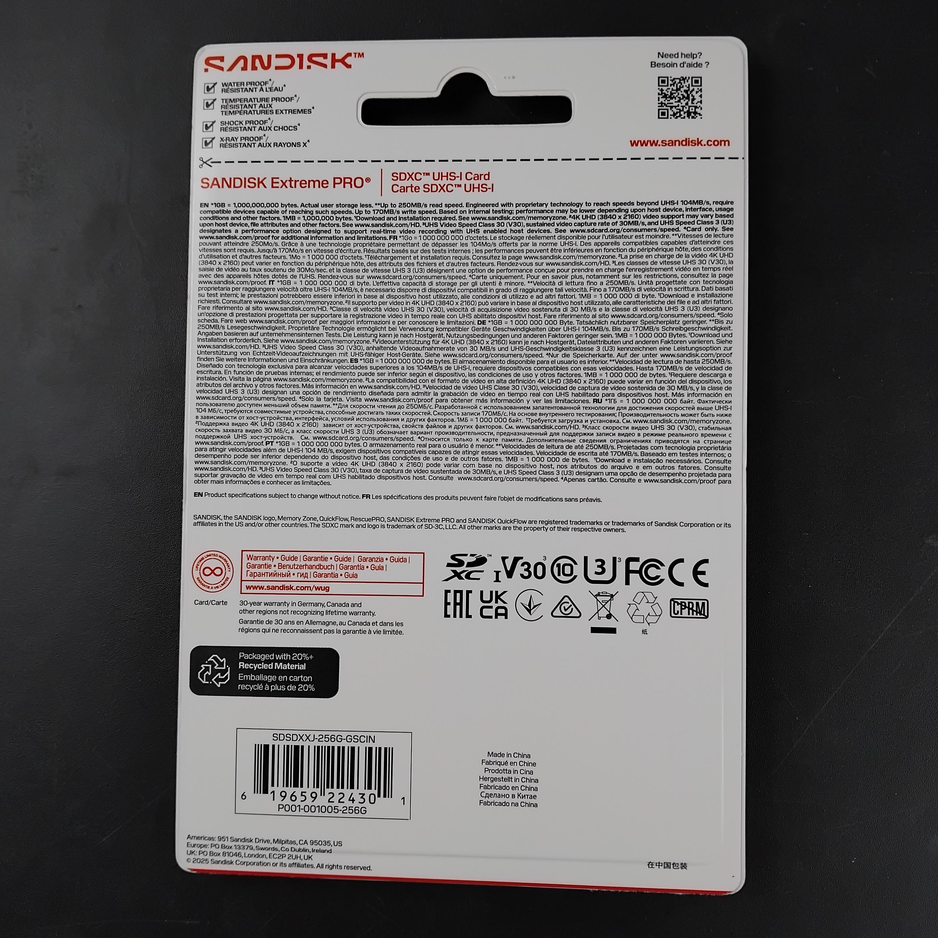 SanDisk Extreme PRO SDXC/HC UHS-I Card U3 V30 4K UHD 250MB/s 256GB - SDSDXXJ Gambar produk SanDisk Extreme PRO SDXC/HC UHS-I Card U3 V30 4K UHD 250MB/s 256GB - SDSDXXJ - Kemasan