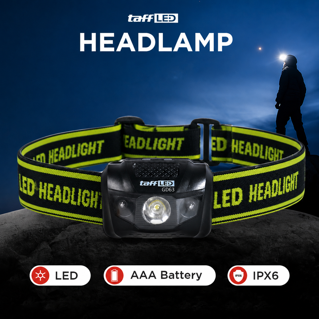 TaffLED Headlamp LED Outdoor Multifunction 3W Triple LED IPX6 - GD63 Gambar produk TaffLED Headlamp LED Outdoor Multifunction 3W Triple LED IPX6 - GD63 - Utama