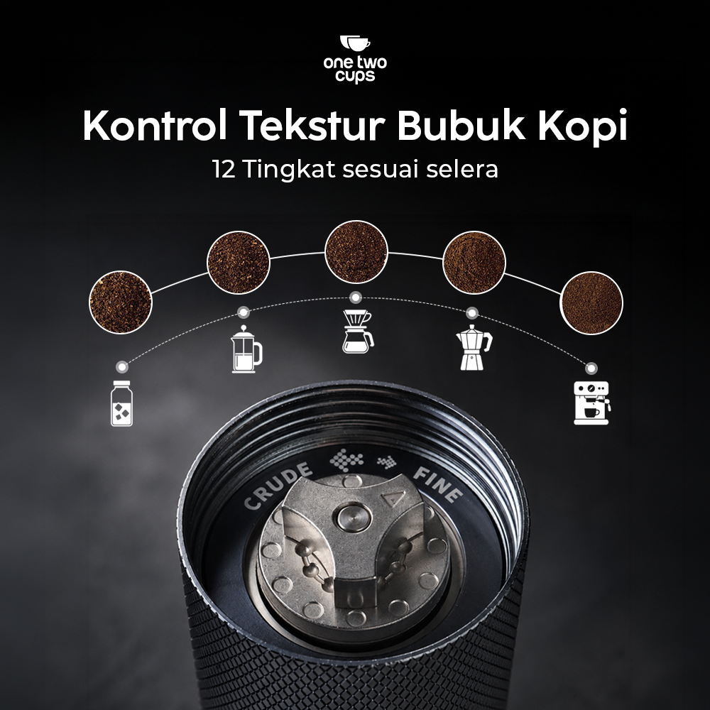 One Two Cups Penggiling Kopi Manual Coffee Grinder Stainless 420 - X1 Gambar produk One Two Cups Penggiling Kopi Manual Coffee Grinder Stainless 420 - X1 - 2