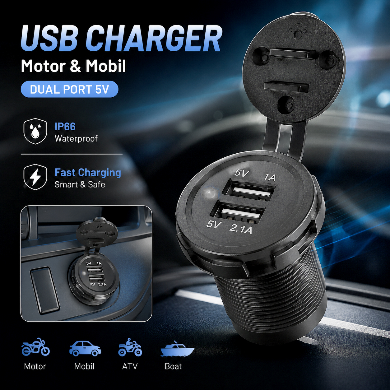 Gambar produk Vehicle USB Charger Motor Mobil Dual Port 5V IP66 Splashproof - 42557 - Utama