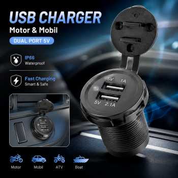 Vehicle USB Charger Motor Mobil Dual Port 5V IP66 Splashproof - 42557