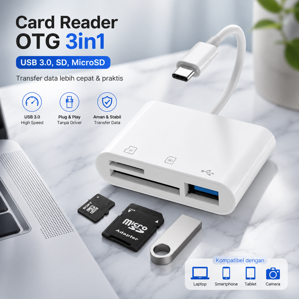 Gambar produk ATUX Card Reader OTG 3in1 Type C 3.0 USB Hub SD MicroSD - AT3 - Utama