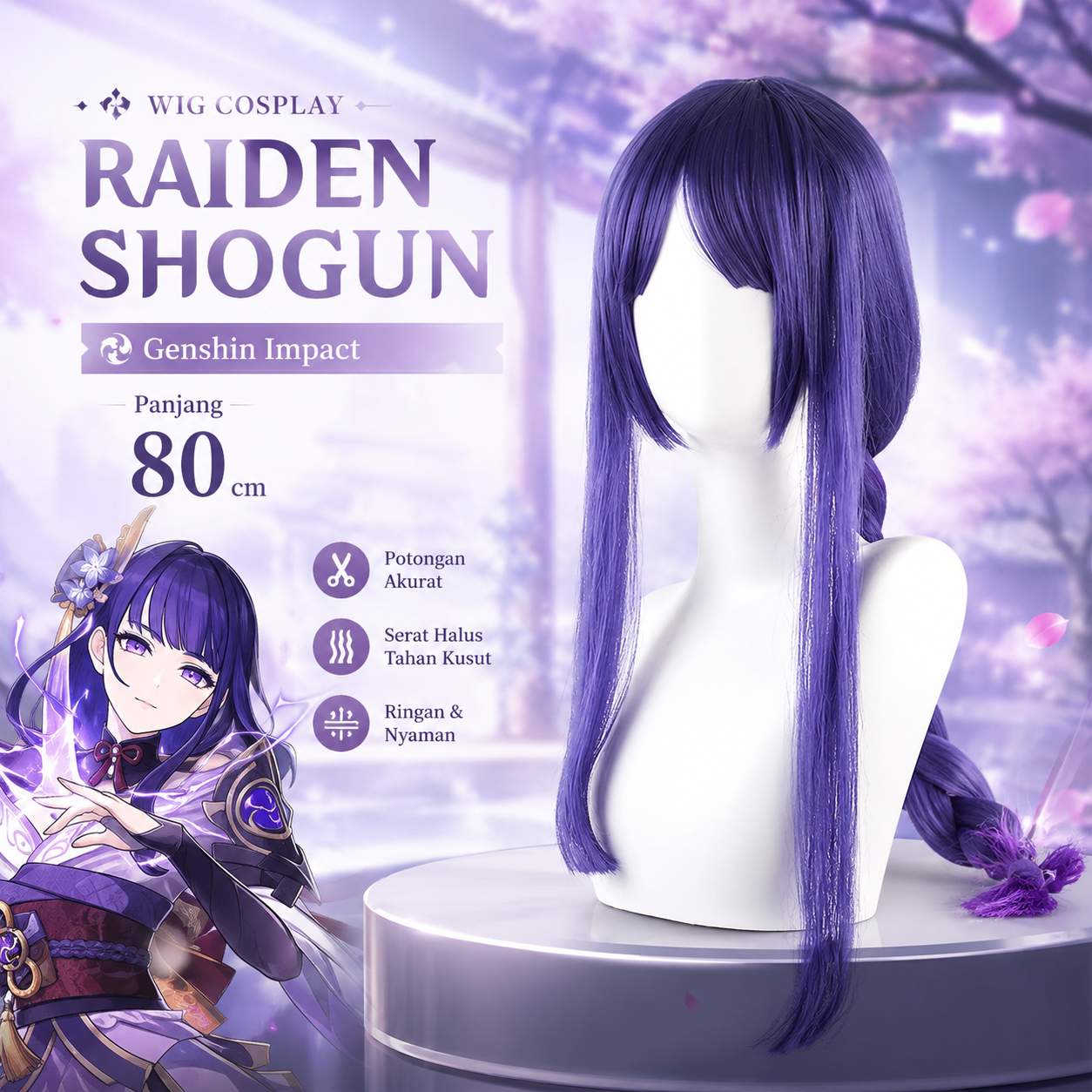 Huafei Wig Rambut Palsu Genshin Impact Raiden Shogun Cosplay 80cm - L-148 Gambar produk Huafei Wig Rambut Palsu Genshin Impact Raiden Shogun Cosplay 80cm - L-148 - Utama